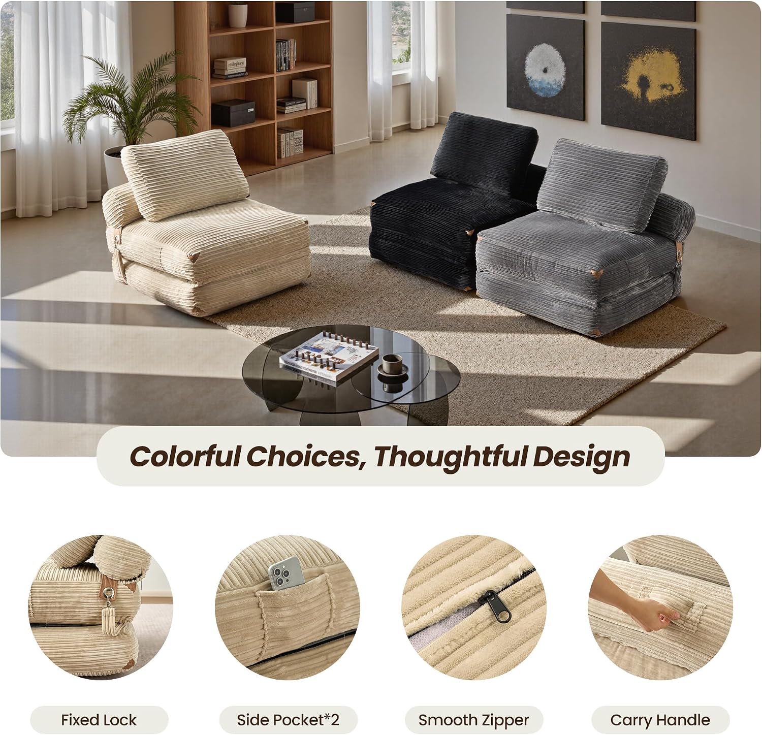 ovios Folding Sofa Bed, Foldable Sleeper Chair Floor Futon, Comfy Portable Convertible Fold Out Lounge Chairs for Living Room Bedroom, Beige