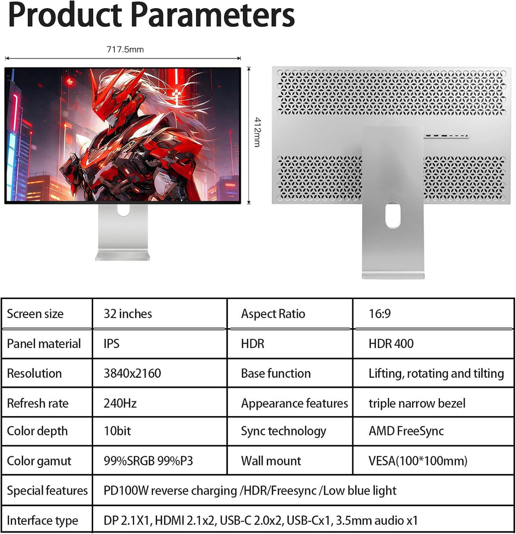 Q32S 32' 4K 240Hz QD-OLED Glossy Monitor, 0.03ms, 99% sRGB, 99% DCI-P3, 10-Bit Color, HDR, 1500000:1 Contrast Ratio, Eye Care (Honeycomb - Without Stand)