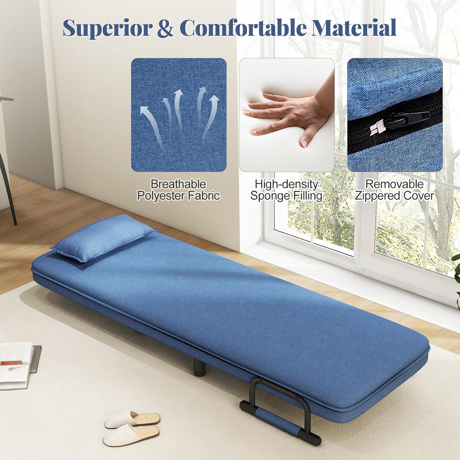 Giantex Convertible Sofa Bed, 3-in-1 Folding Sleeper Chair with 5-Position Adjustable Backrest, Wheels, 2 Legs, Recliner Chaise Lounge with Pillow, Armchairs for Nursery Living Room Office (Blue)