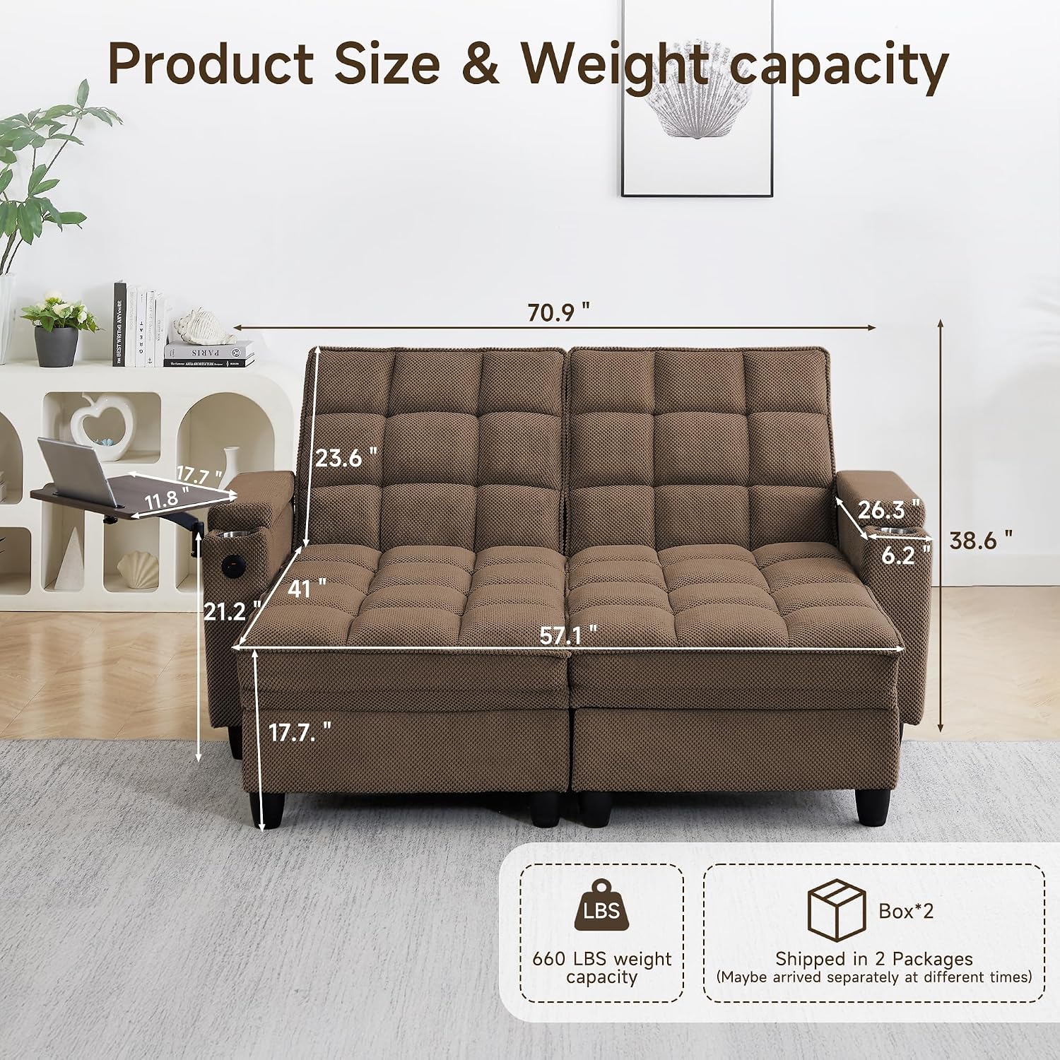 oaaktu 70.9'' Double Chaise Lounge with 360 Degree rotatable Side Table, Comfy Corduroy Indoor Lounge Chair with Armrest Storage, Cup Holder, USB Port, and Pillow for Living Room or Bedroom (Coffee)
