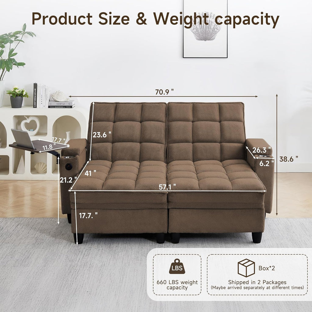 70.9' Chaise Lounge Chair Indoor, Oversized Boucle Upholstered Sofa Bed, Adjustable Backrest Deep Seat Reading Chair, Sofas Couches for Living Room with Storage, Cup Holders & 360° Swivel Side Table