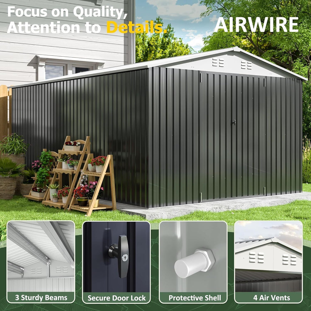 AirWire 10x14 FT Metal Shed, Garden Storage Shed with Updated Frame Structure and Lockable Doors, Outdoor Heavy Duty Tool Sheds for Backyard Garden Patio Lawn, White