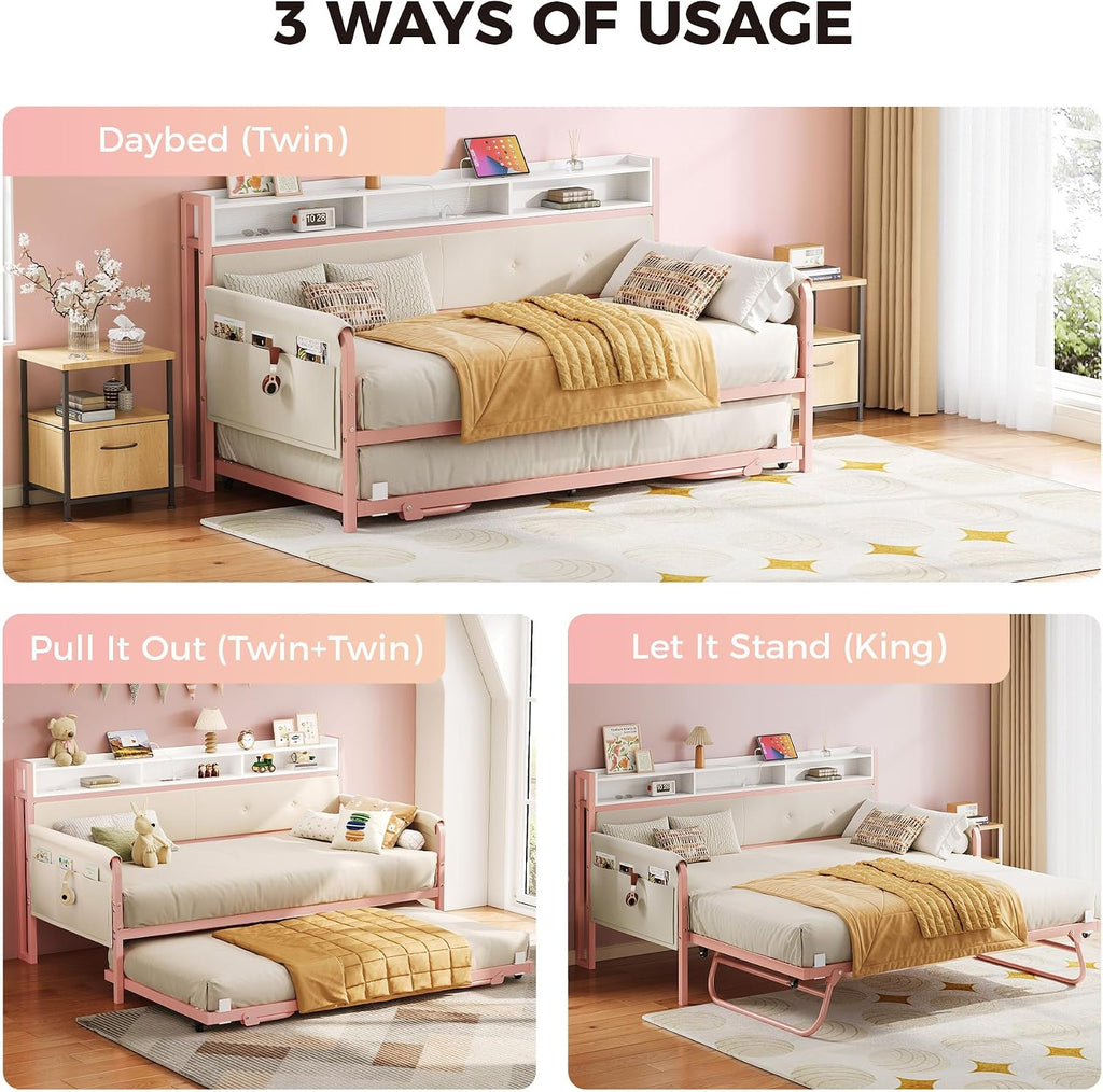 LIKIMIO Daybed with Trundle, Twin Bed Frame with Upholstered Headboard and Charging Station, Sofa Day Bed with Strong Supports for Living Room, Bedroom and Guest Room, Pink