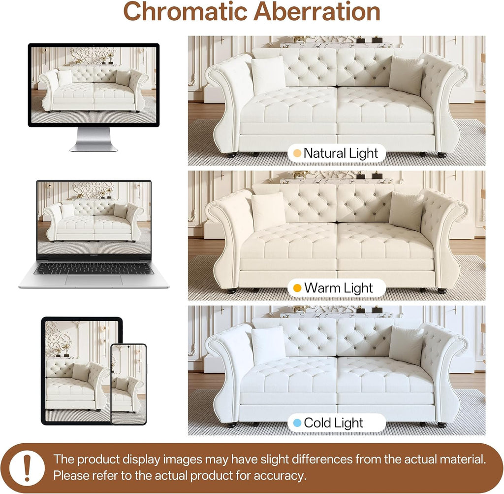 83.8' Oversized Pull Out Sofa Bed, Chesterfield Velvet Sleeper Sofa Couch with Roll Arm & Flower Tufting, Heavy Duty Metal Frame Convertible Sofa for Living Room, Apartment, Guest Room, Beige | Pull Out, Roll Arm, Flower Tufting, Convertible