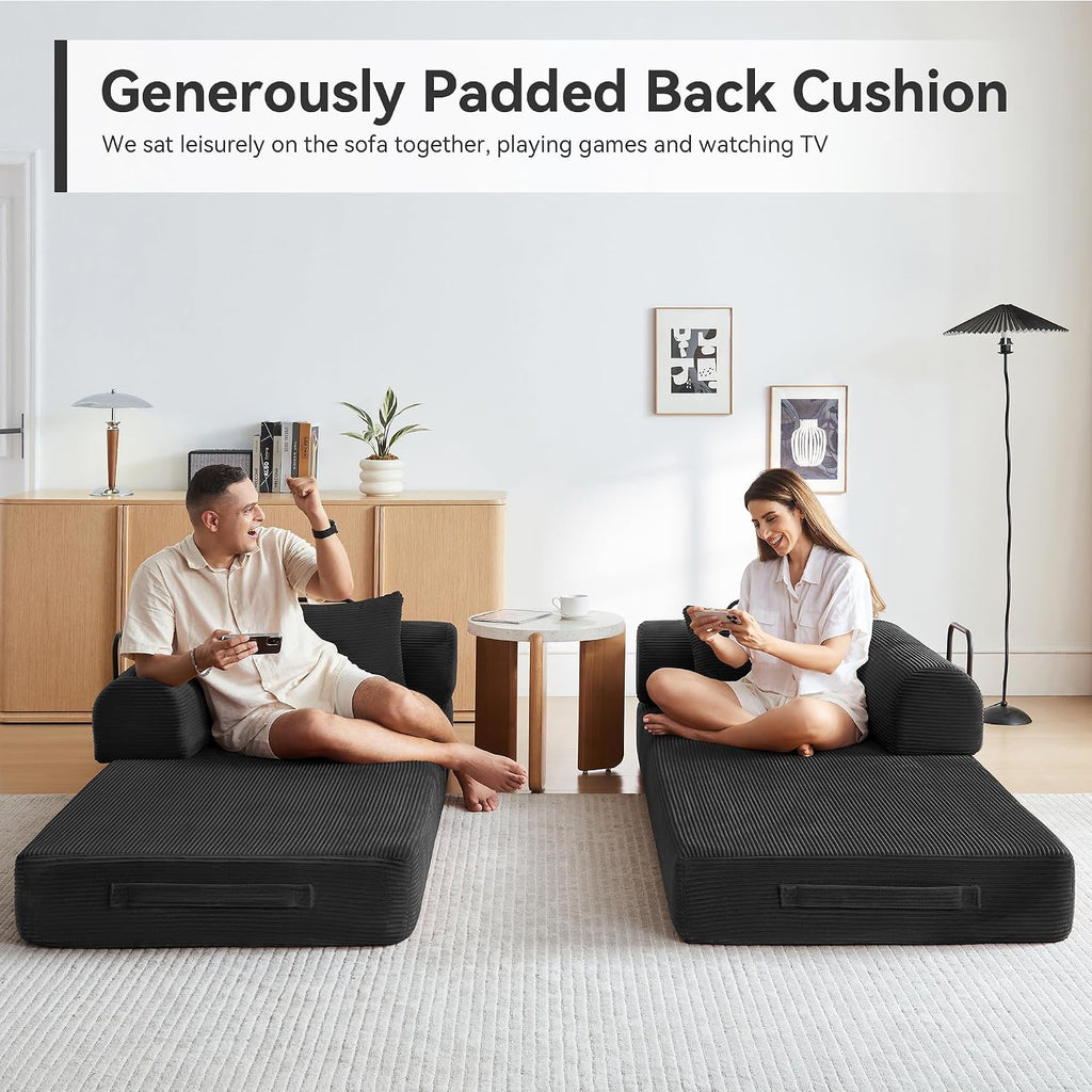 Convertible Sleeper Bed with 2 Cylindrical Pillow, Comfy Foldable Bed Compressed Sofa in Box, Floor Sofa Lounge Couch for Living Room Bedroom Lounge Studio, Tool-Free Assembly (Black)