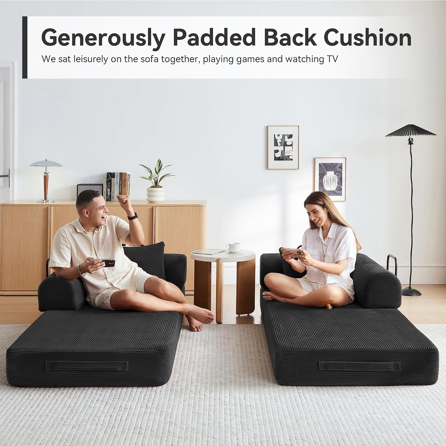 Convertible Sleeper Bed with 2 Cylindrical Pillow, Comfy Foldable Bed Compressed Sofa in Box, Floor Sofa Lounge Couch for Living Room Bedroom Lounge Studio, Tool-Free Assembly (Black)