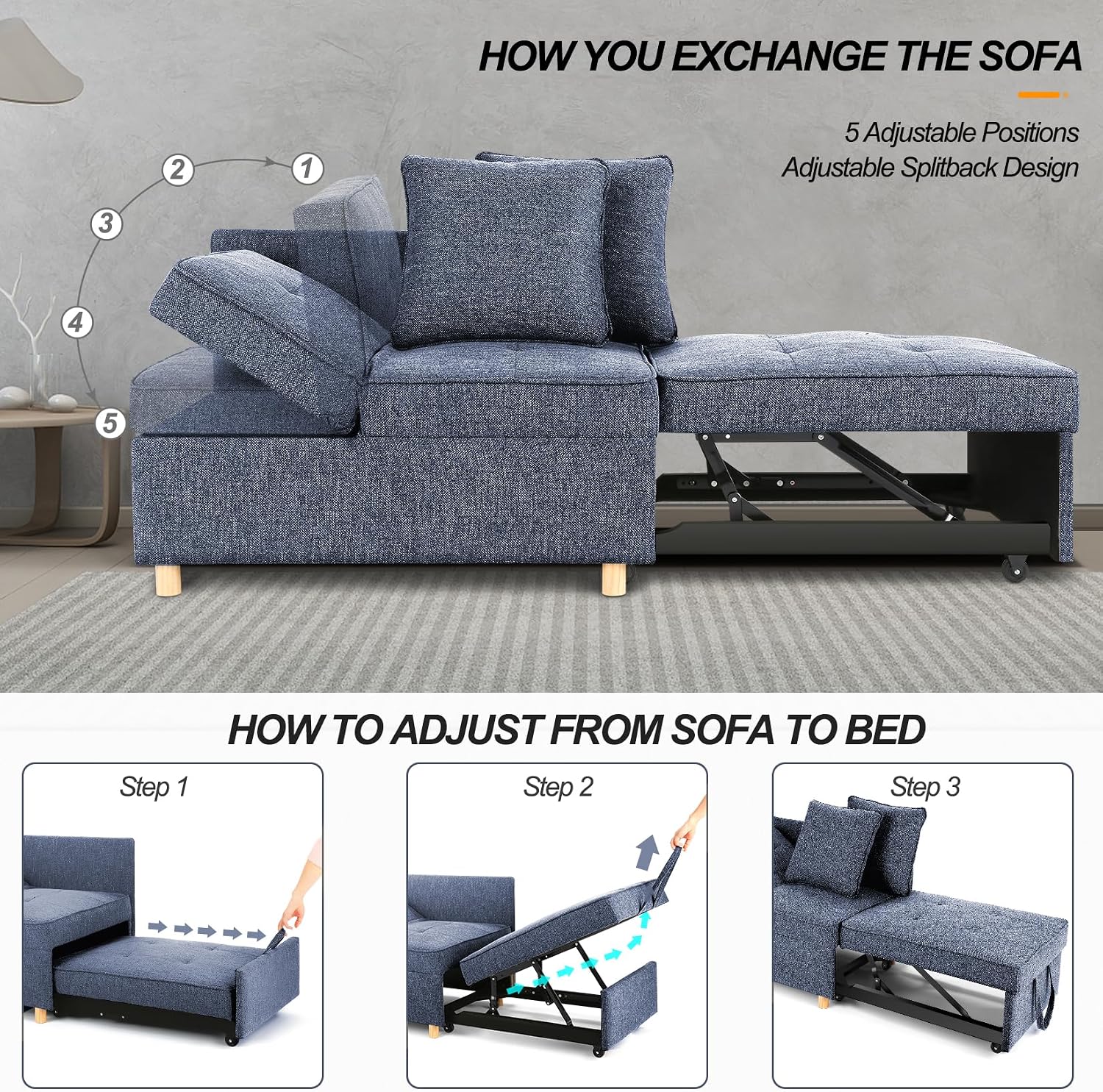 SEJOV Sofa Bed 4-in-1 Convertible Sofas & Couches, 3-Seat Linen Fabric loveseat Sofa with 2 Throw Pillow, Single Recliner for Small Space with 5 Adjustable Backrest, Blue