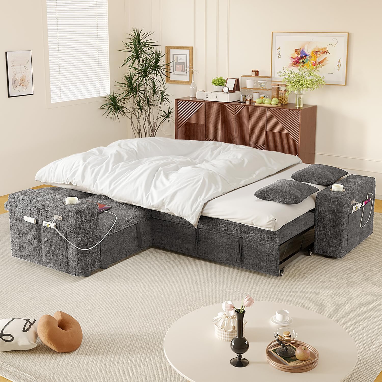 Modular Sectional Sleeper Sofa Bed, 4-in-1 Pull Out Couch Bed with Adjustable Backrest | Hidden Storage | Wide Armrest | Charging, 5-Seat Sectional Couches for Living Room, Grey Chenille