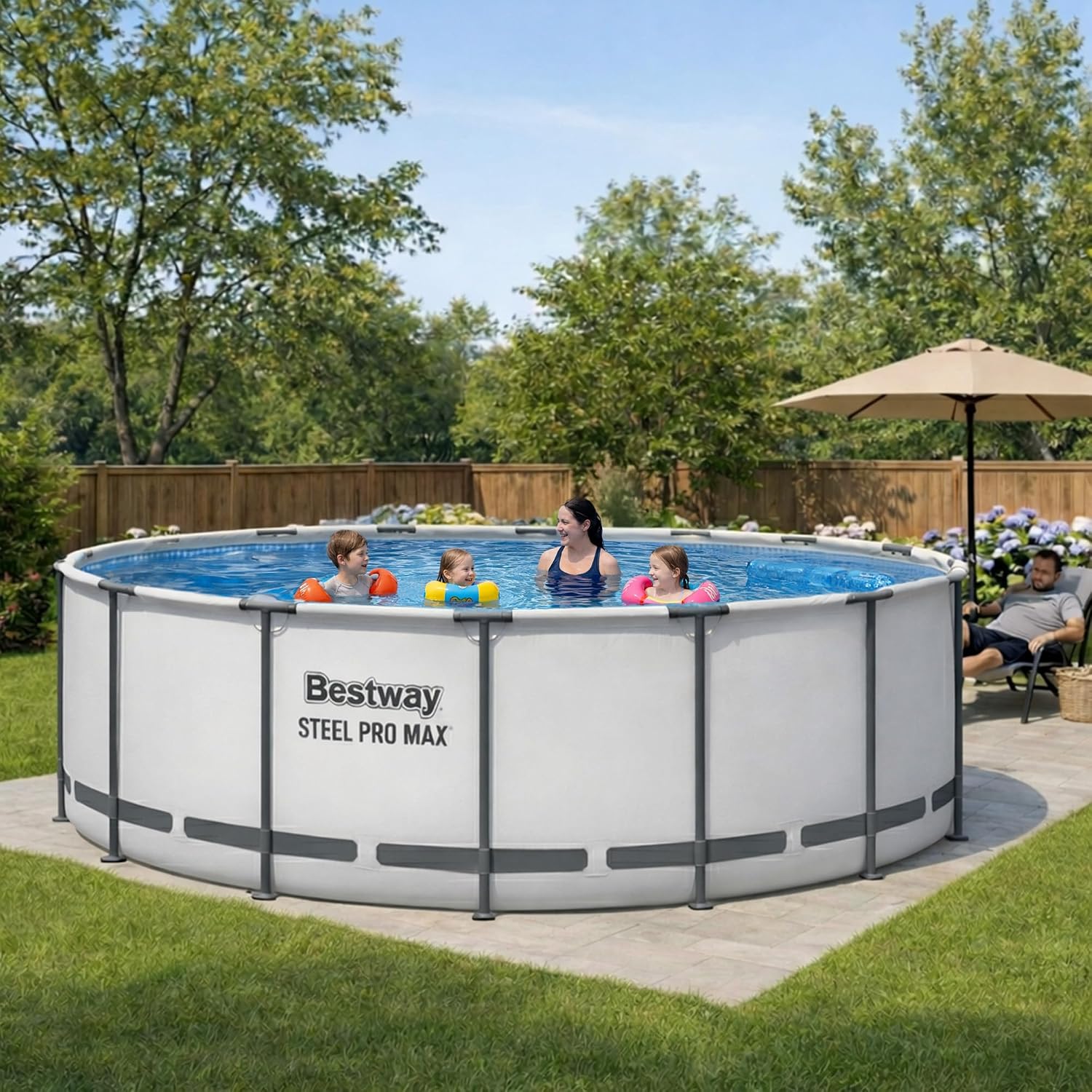 Bestway Steel Pro MAX 15' x 48' Above Ground Pool, Round Metal Frame Outdoor Swimming Pool Set with Filter Pump, Ladder, and Cover, Gray