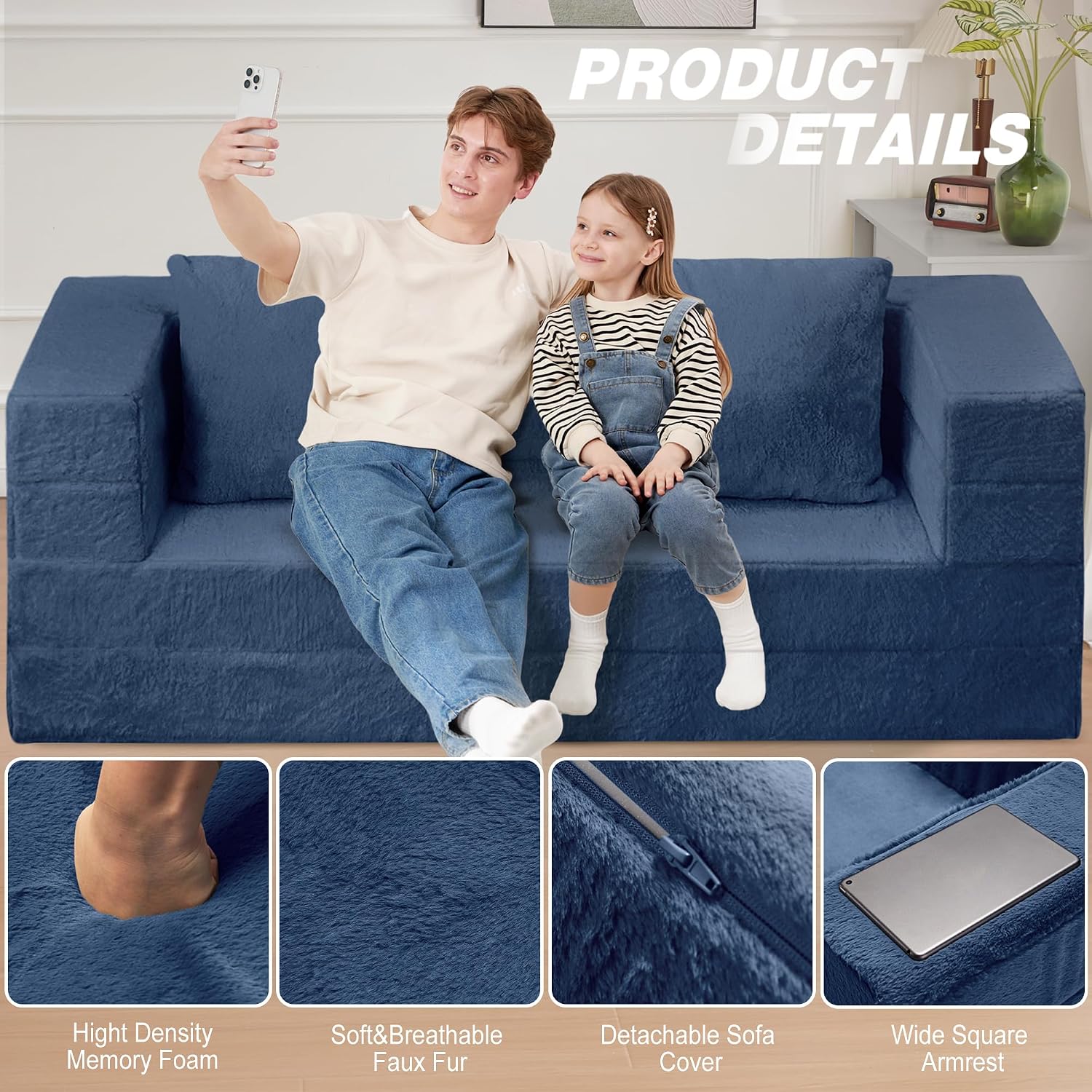 Futon Sofa Bed with Pillow, 3-in-1 Sleeper Sofa Bed with Removable Cover, Convertible Floor Sofa Bed, No Assembly Boneless Couch for Living Room, Bedroom