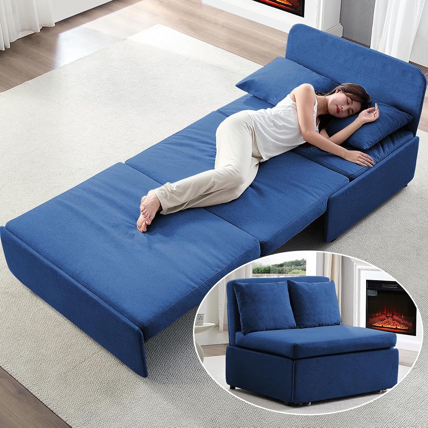 BALUS 43' Width Twin Pull Out Sofa Bed Sleeper Couch with Pullout Beds, 2 in 1 Convertible Linen Sleepers Sofa Single Chair with Pillows and 3.9' Foldable Mattress for Small Space Apartment Loft, Blue