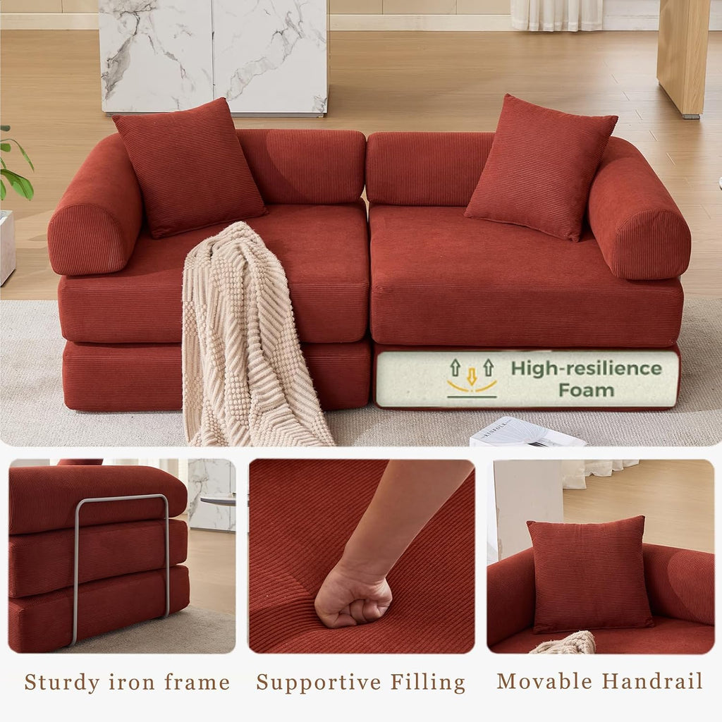 73' Convertible Modular Folding Sofa Bed, 5-in-1 DIY Combination Fold Out Sleeper Sofa Bed, Loveseat sleeper Couch with Removable Armrests, Corduroy Floor Couch, Small couches for small spaces, Red