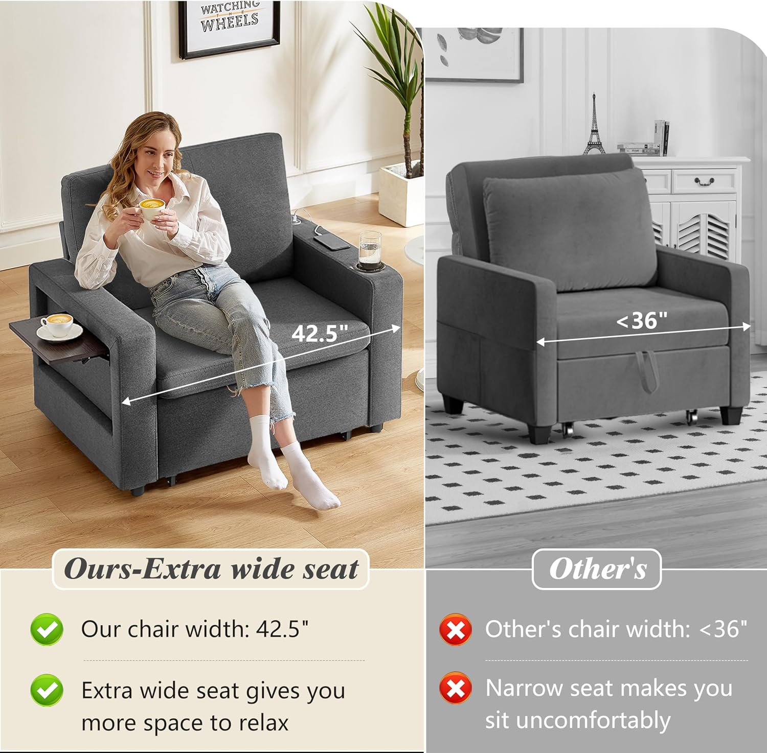 WEUP 42.5' Sleeper Chair Bed, 3-in-1 Convertible Reclining Sofa Chair with Pull Out Couch Bed, Adjustable Backrest, Side Pockets, Cup Holder, USB Ports & Wing Table, Premium Dark Gray