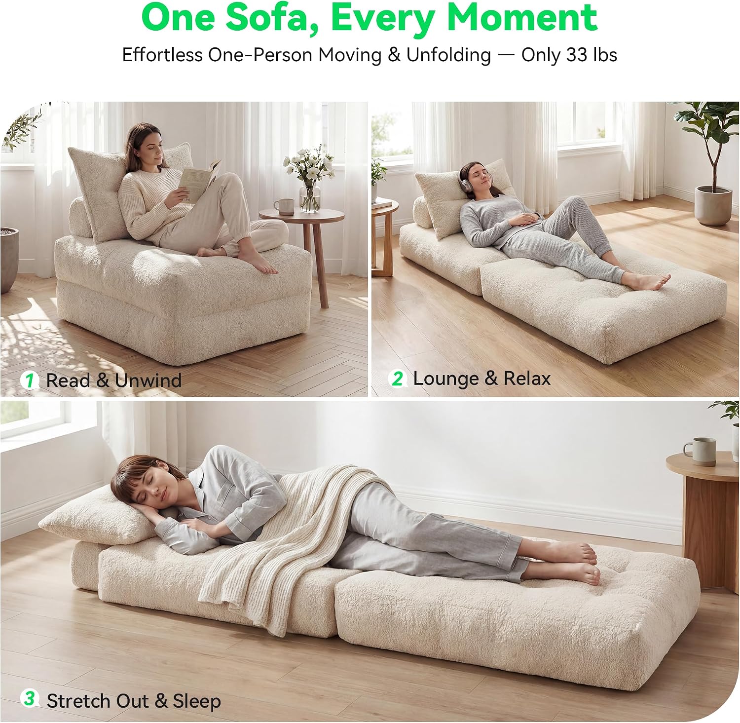 MONVANE Folding Sofa Bed, Fold Out Chair Bed with Pillow, Convertible Sleeper Chair for Living Room/Small Spaces, Foldable Lazy Sofa Bed Floor Chair, Comfy Teddy Velvet Couch Bed, Beige