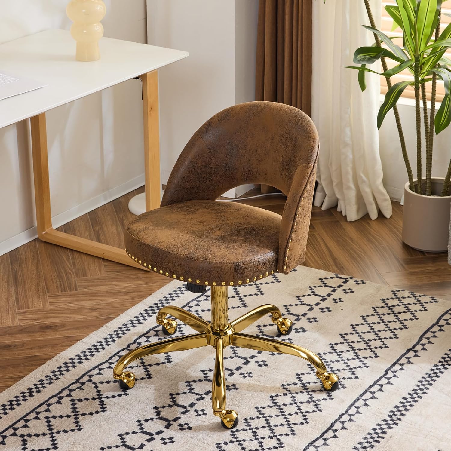 VINGLI Modern Velvet Small Office Chair,Cute Desk Chair with Wheels,Gold Base/Studs, Comfy Armless Swivel Vanity Task Chair for Women/Girl/Kids, Nail Tech Chair for Bedroom,Small Space,Rustic