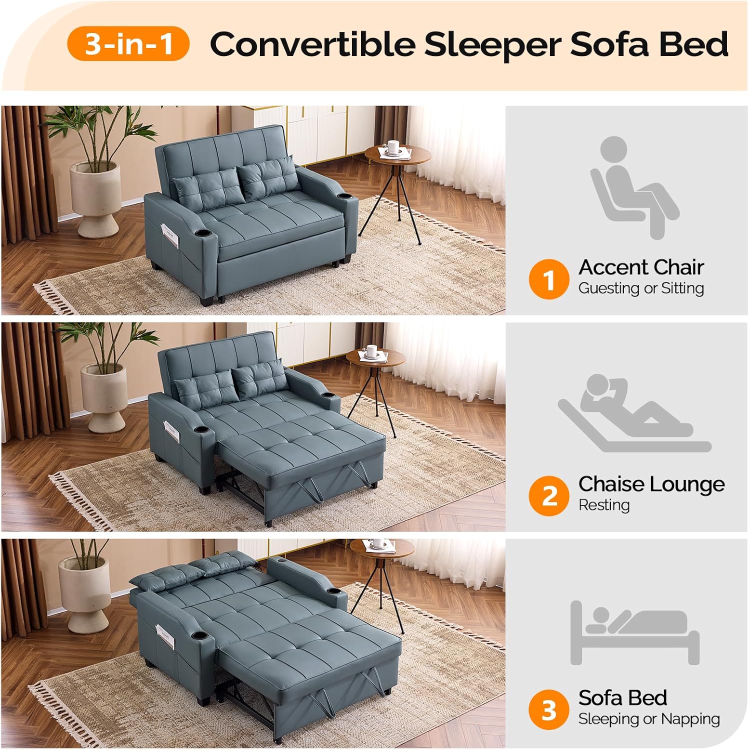VINGLI Convertible Loveseat Sleeper Sofa, Blue Grey Faux Leather Futon Sofa Bed Pullout Couch Bed with USB Ports, Cup Holders, Armrest for Living Room, Bedroom, Home Office Apartment