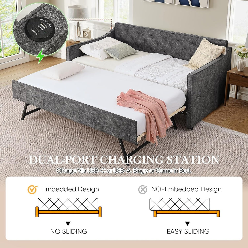Antetek Daybed with Pop up Trundle, Fabric Upholstered Twin Size Day Bed Pull-Point Sofa Daybed Frame w/Twin Roll-Out Trundle/USB Port, Furniture for Bedroom, Living Room, Guest Room, Grey