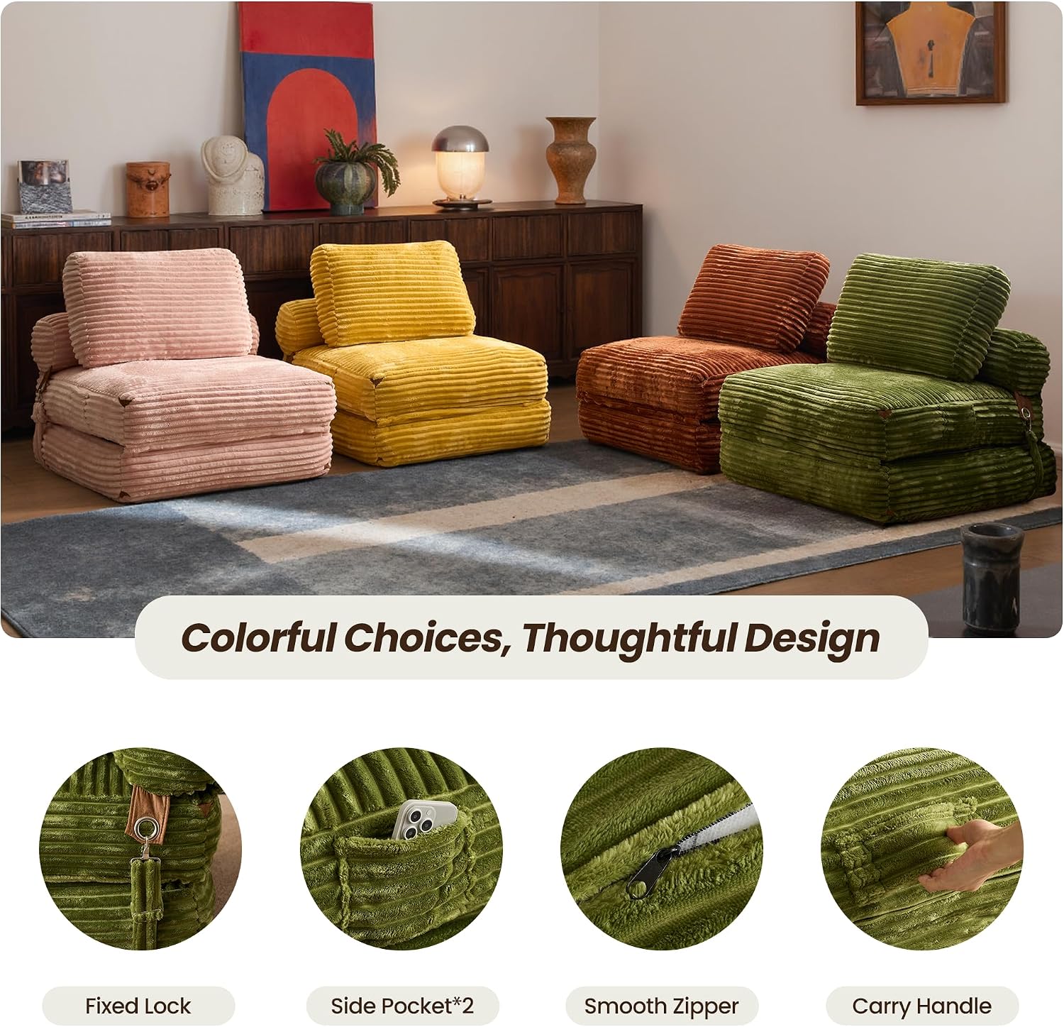 ovios Folding Sofa Bed, Foldable Sleeper Chair Floor Futon, Comfy Portable Convertible Fold Out Lounge Chairs for Living Room Bedroom, Green
