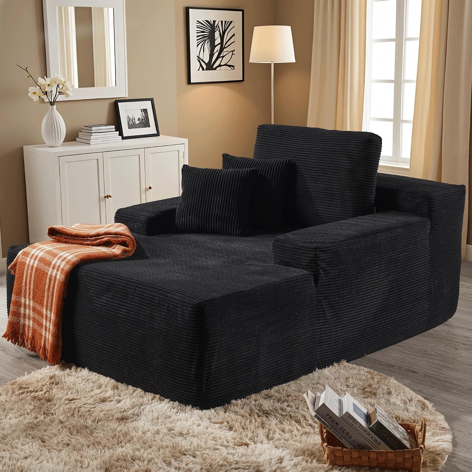 ovios 67'' Chaise Lounge Chair Indoor, Oversized Upholstered Boneless Sofa Bed, Deep Seat Sleeper Couch, Plush Cloud Sofas Couches for Living Room, No Assembly Required (Corduroy, Black)