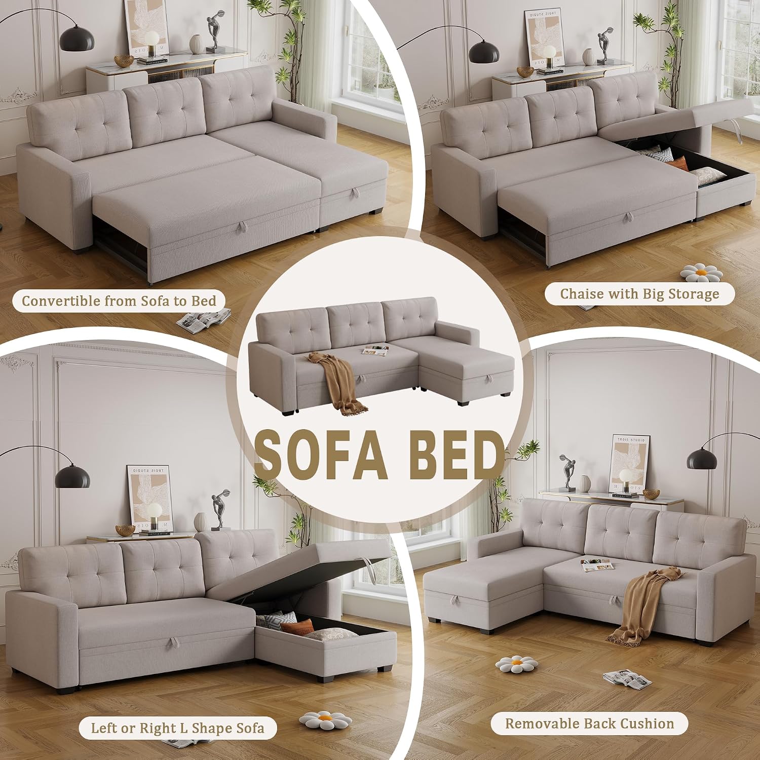 Ball & Cast Convertible Sectional Sleeper Sofa Bed L Shaped,4 in 1 Pull Out Couch with Reversible Storage Chaise & Removable Back Cushions,Sleeper Corner Pull Out Sofa Bed Couch for Living Room,Office