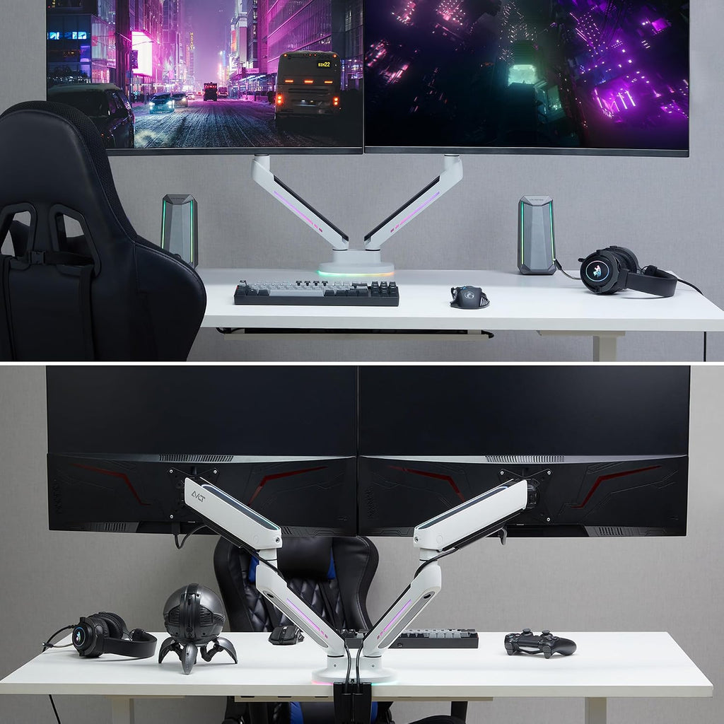 AVLT Dual 27'-43' RGB Gaming Monitor Arm Desk Mount Built-in 20 Lighting Modes Touch Button Control Fits Flat/Curved/Ultrawide Screen Height Swivel Tilt Rotation Adjustable Stand -White
