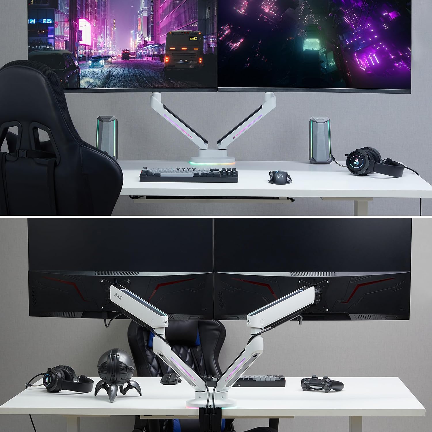 AVLT Dual 27'-43' RGB Gaming Monitor Arm Desk Mount Built-in 20 Lighting Modes Touch Button Control Fits Flat/Curved/Ultrawide Screen Height Swivel Tilt Rotation Adjustable Stand -White