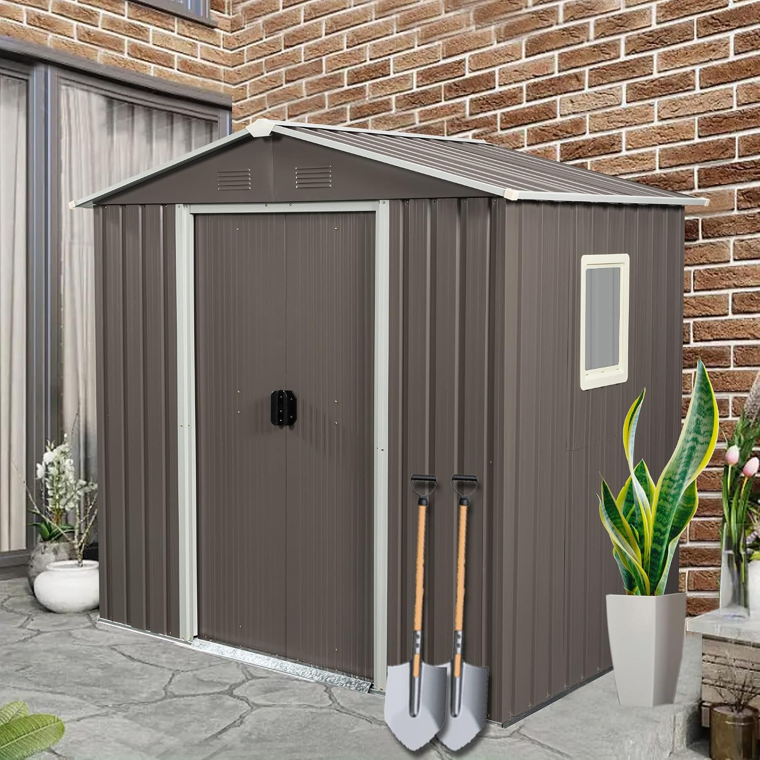 6 x 4 Ft Outdoor Storage Shed, Sturdy Metal Garden Shed with Base Foundation, Waterproof Patio Tools Shed Storage House with Sliding Doors and Window for Backyard Lawn, Gray