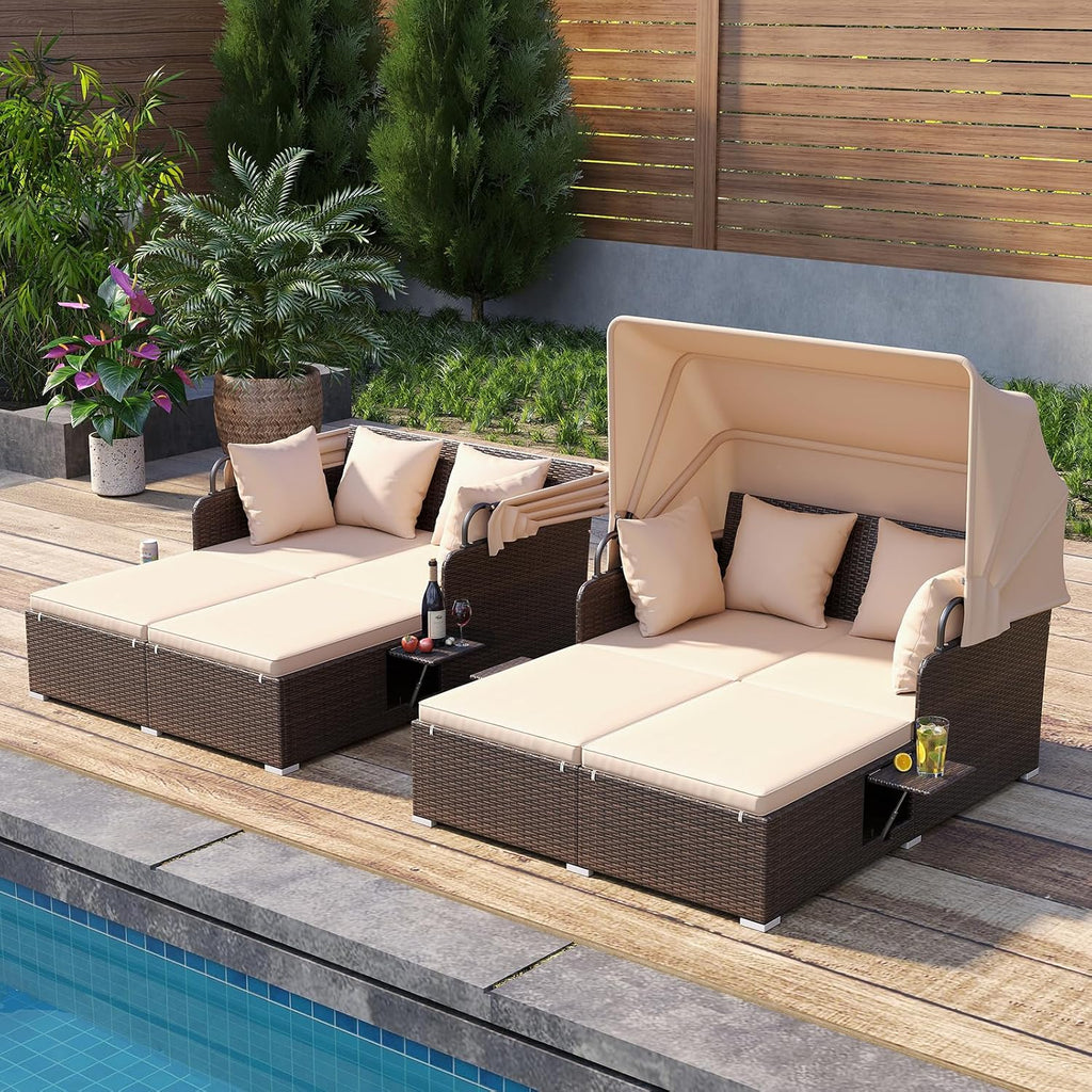 Tangkula Patio Rattan Daybed with Retractable Canopy, Outdoor Wicker Sunbed with 2 Foldable Side Tables, Thick Seat & Back Cushions, Outside Double Daybed for Garden, Backyard, Porch, Beige & Brown