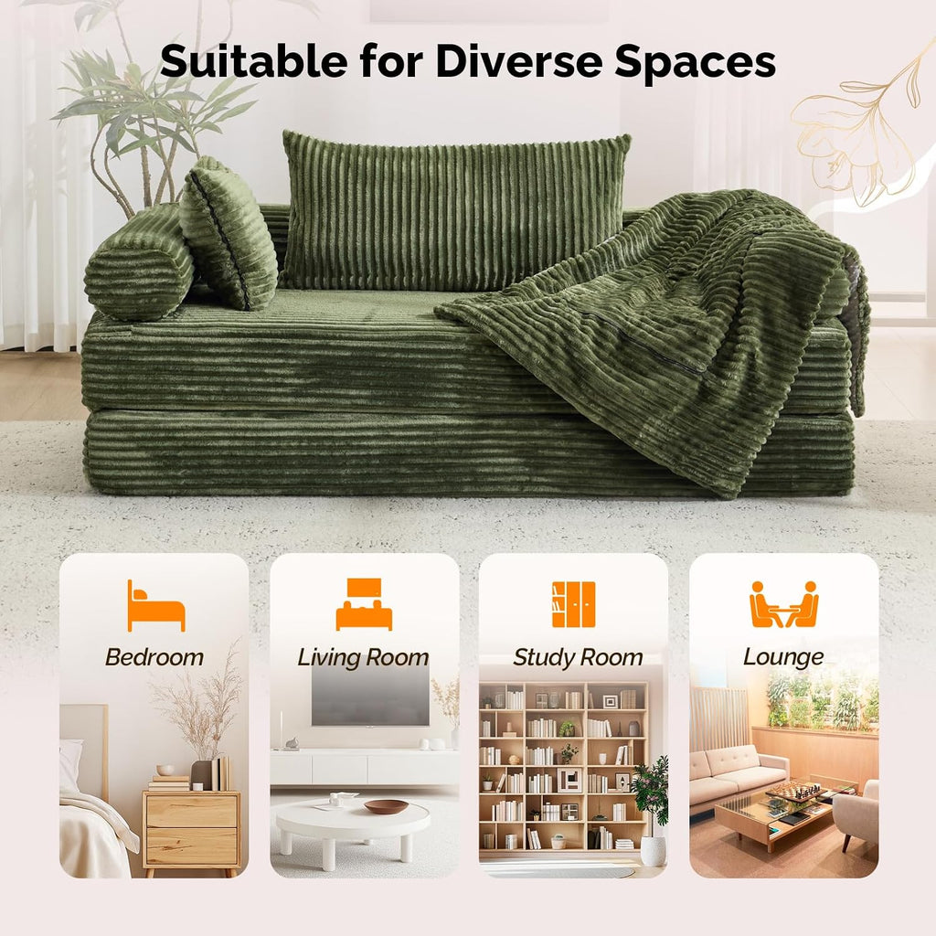 VINGLI Convertible Futon Sofa Bed, Upholstered Corduroy Boneless Couch King Size Floor Loveseat Sleeper Sofa with 2-in-1 Throw Pillow & Blanket Couches for Living Room, Bedroom, Lounge, Green