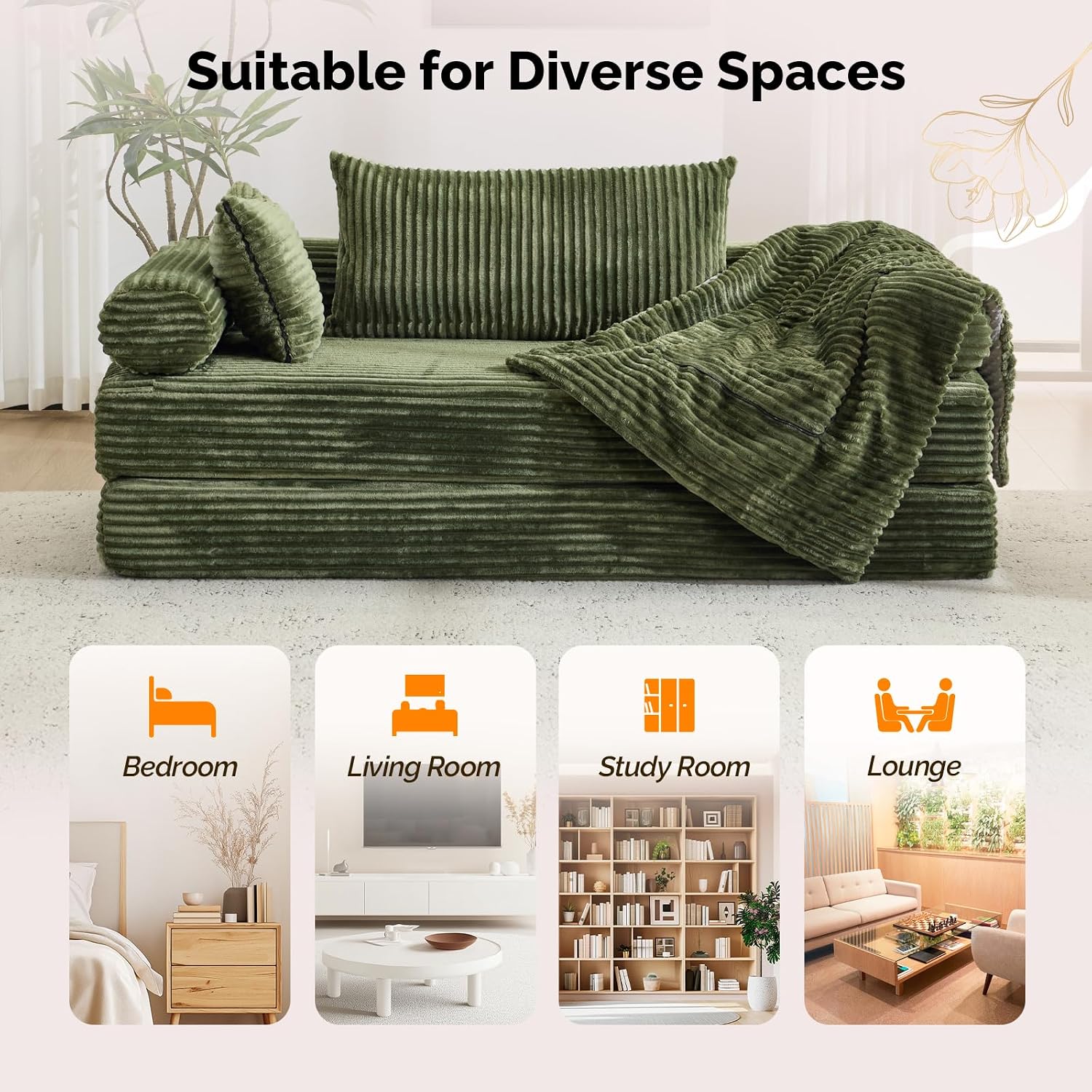 VINGLI Convertible Futon Sofa Bed, Upholstered Corduroy Boneless Couch King Size Floor Loveseat Sleeper Sofa with 2-in-1 Throw Pillow & Blanket Couches for Living Room, Bedroom, Lounge, Green