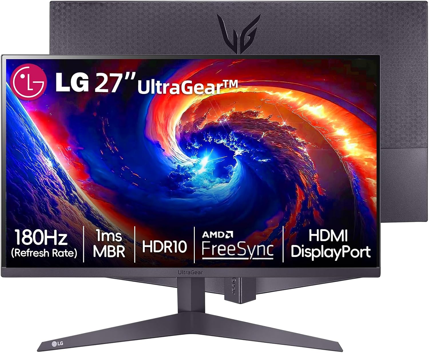 LG 27' FHD (1920 x 1080) Ultragear Monitor, 180Hz, 1ms MBR, HDR10, AMD FreeSync, Enhanced Gaming GUI, HDMI, DisplayPort, 3-Side Virtually Borderless Design, Wall Mountable, Tilt Adjustable, Black