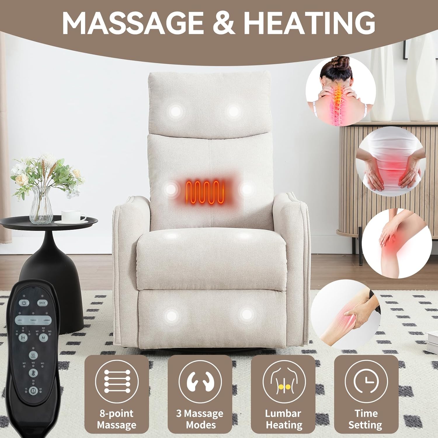 Massage Chair Recliner with Heat, 360° Swivel Glider Rocker with Reclining Backrest and Footrest, Manual Lazy Boy Recliners for Adults, Modern Nursery Rocking Chairs (Beige)