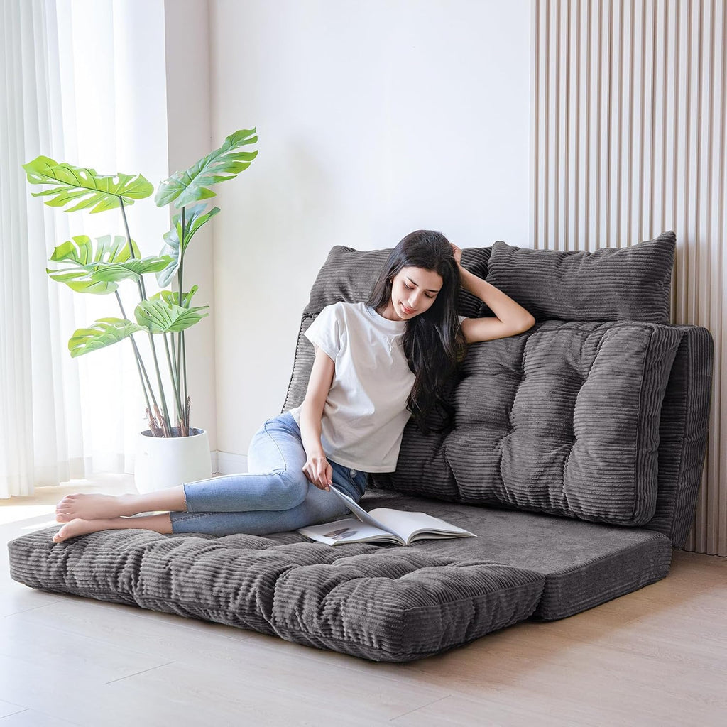 MAXYOYO Folding Sofa Bed, Tufted Bean Bag Bed with Pillows Floor Mattress for Adults, Extra Thick and Long Floor Sofa, Twin Couch Bed for Bedroom Living Room, Dark Grey, 39x91 Inch