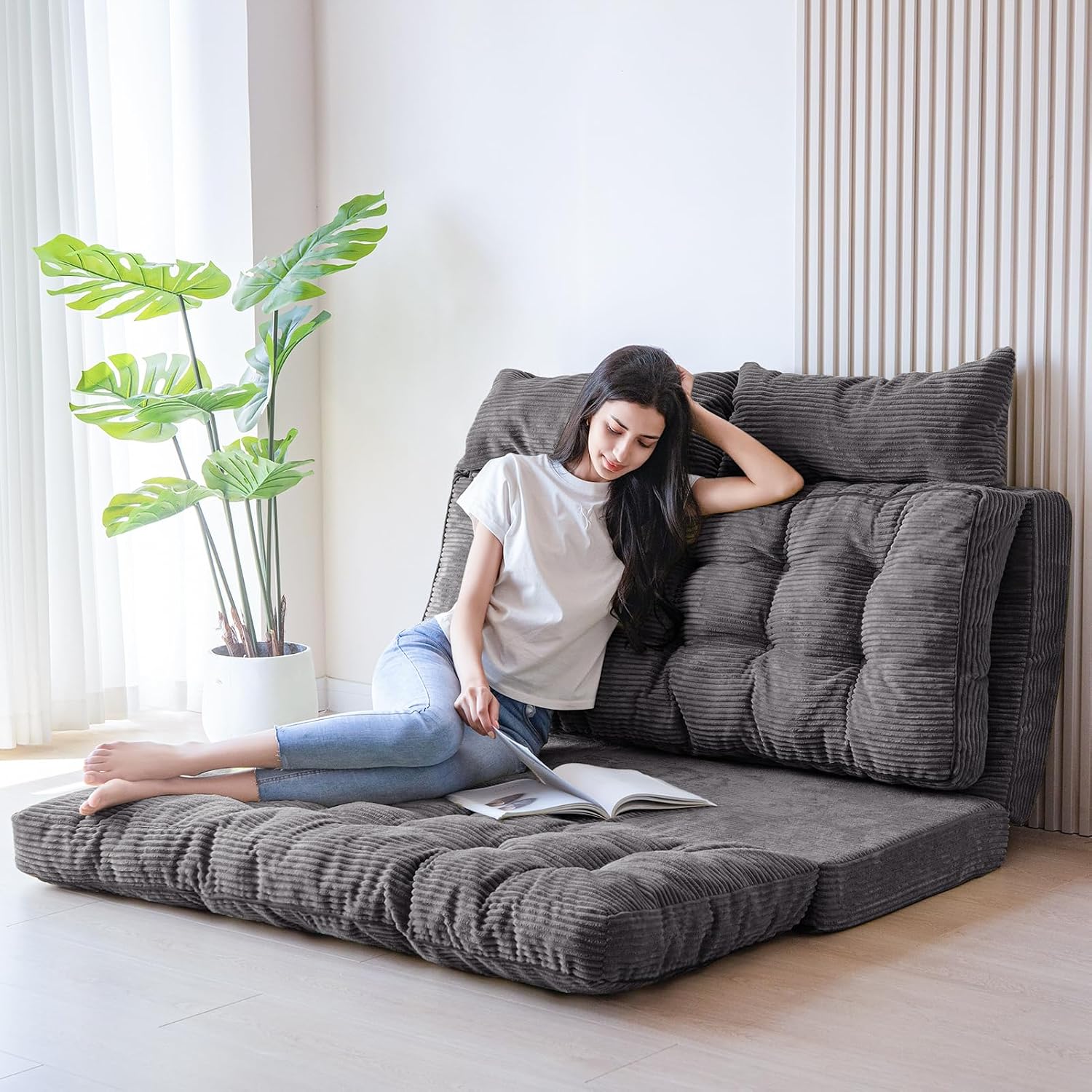 MAXYOYO Folding Sofa Bed, Tufted Bean Bag Bed with Pillows Floor Mattress for Adults, Extra Thick and Long Floor Sofa, Twin Couch Bed for Bedroom Living Room, Dark Grey, 39x91 Inch