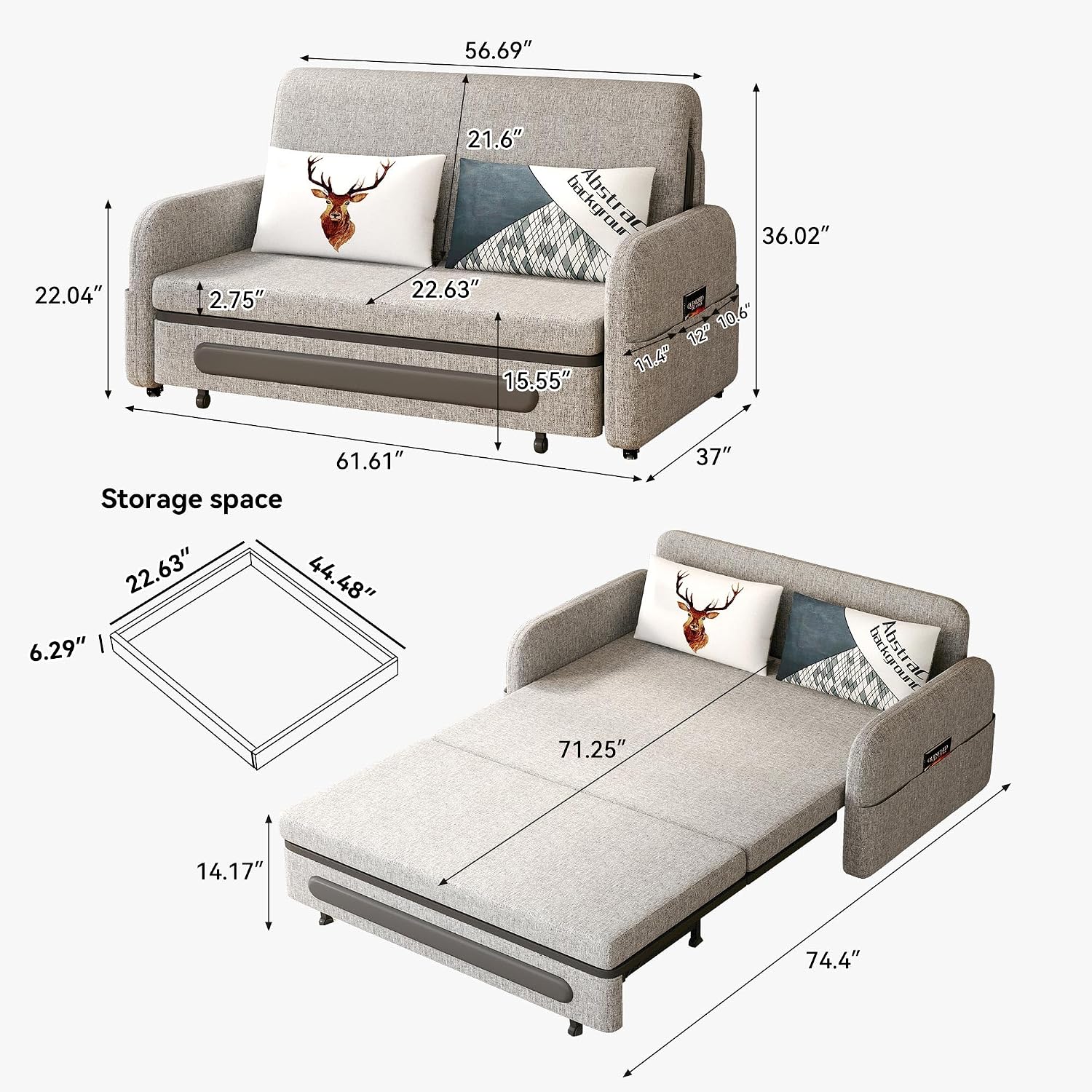 Versatile Pull-Out Sofa Bed – Compact Futon Couch for Small Spaces, Gray/White, 34.25' D x 59.84' W x 37.4' H, Ideal for Living Room & RV (61.61')