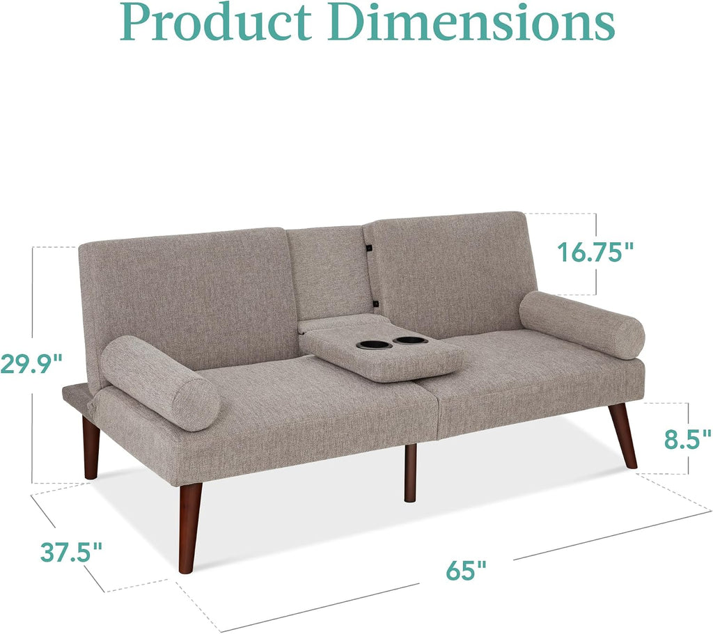 Best Choice Products Mid-Century Modern Upholstered Futon, Convertible Folding Sofa Bed, Small Couch w/Rounded Armrests, 2 Cupholders - Gray