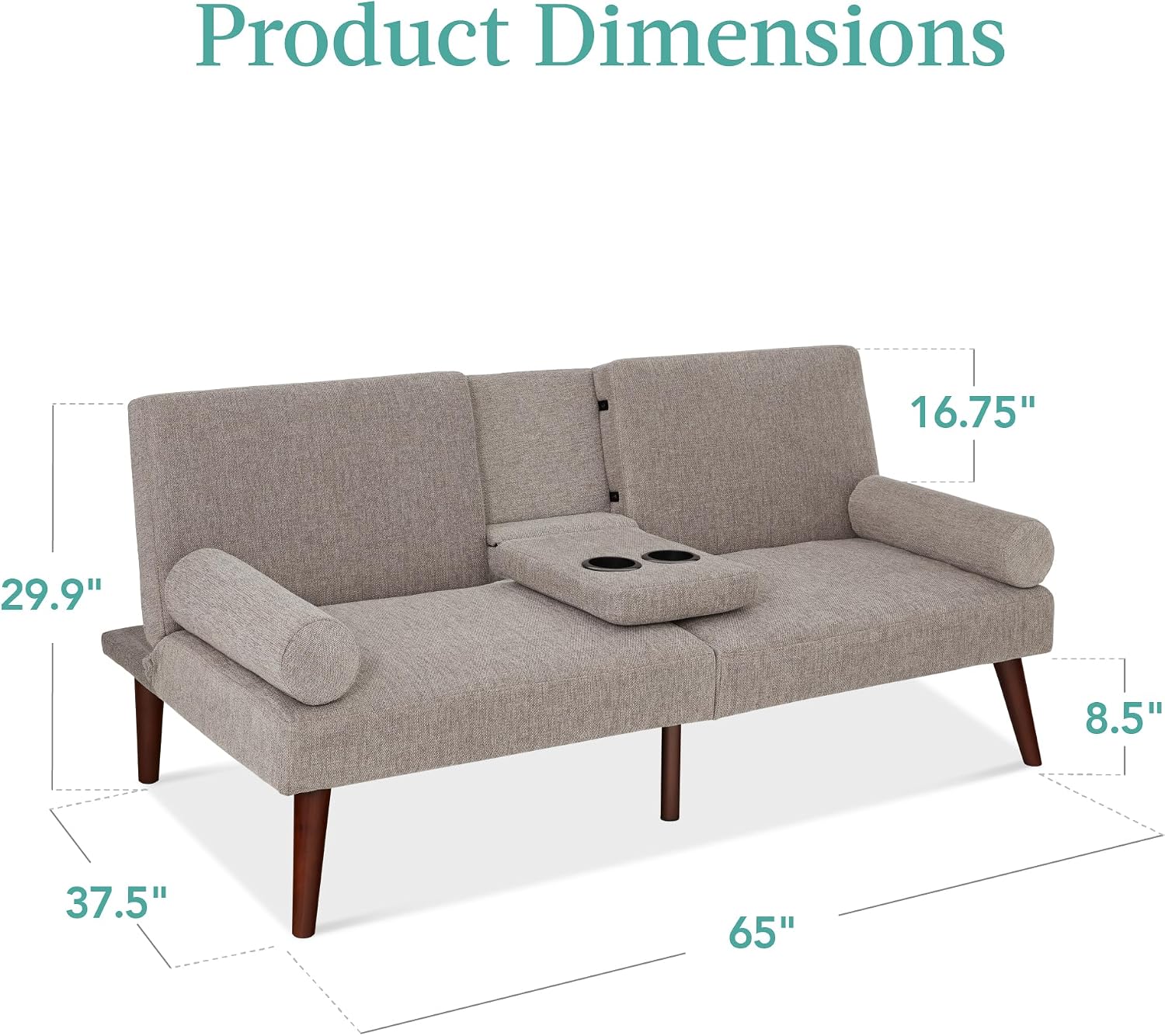 Best Choice Products Mid-Century Modern Upholstered Futon, Convertible Folding Sofa Bed, Small Couch w/Rounded Armrests, 2 Cupholders - Gray