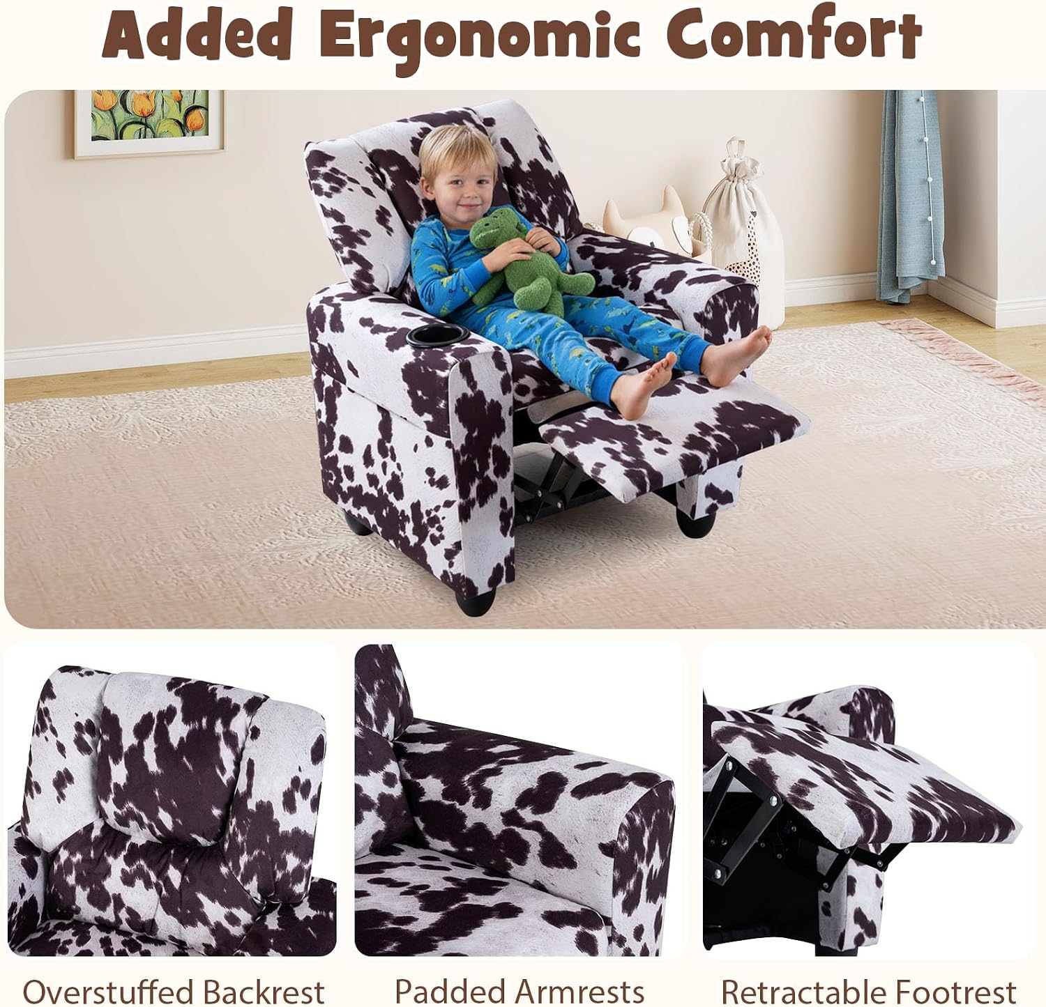 GLACER Kids Recliner with Cup Holder, Velvet Toddler Lounge Chair w/Adjustable Backrest & Footrest, Spring-Loaded Seat Cushion, Push Back Toddler Sofa for Boys & Girls Ages 3+ Years Old (Cow)