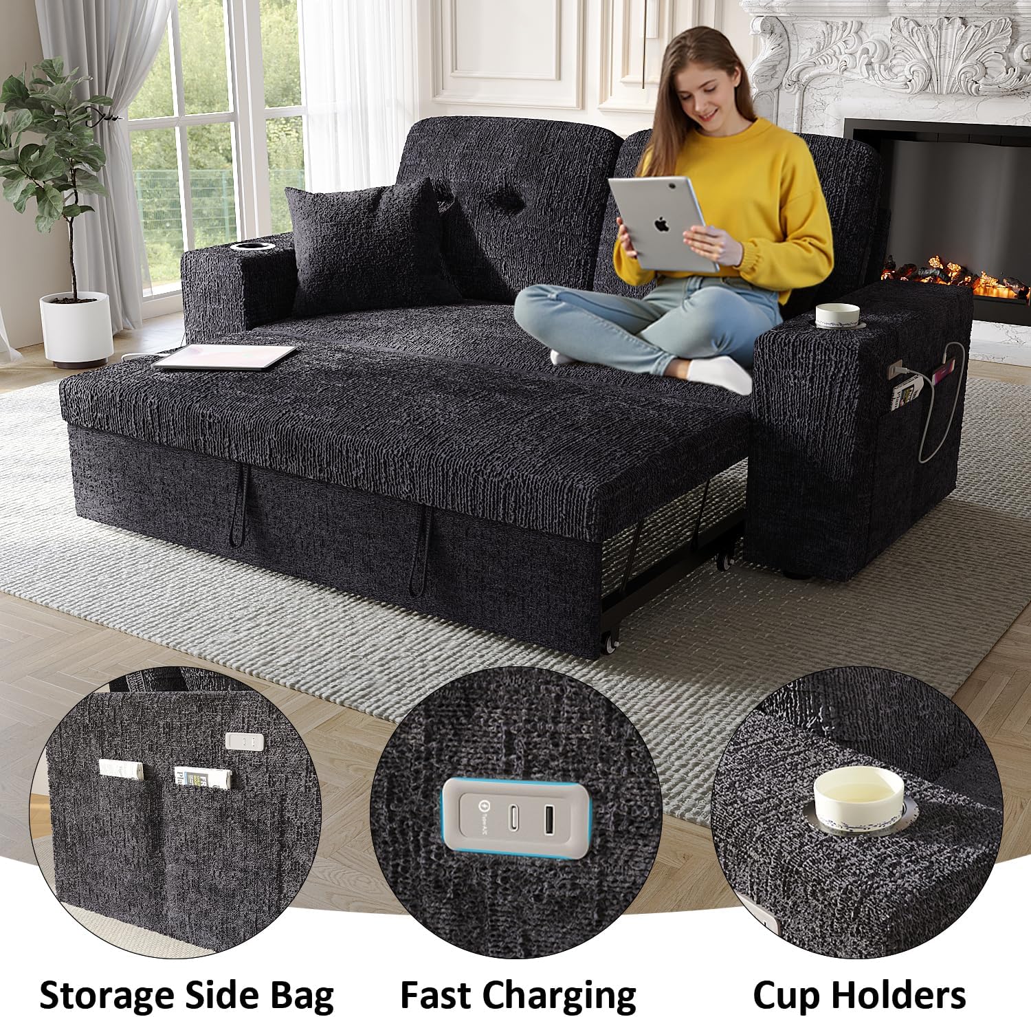 63 Inch Sleeper Sofa Bed, 4 in 1 Pull Out Couch Bed with Adjustable Backrest, Small Loveseat with Wide Armrest | USB Charging | Side Pockets | Cup Holders | Tool Free Assembly, Luxury Black