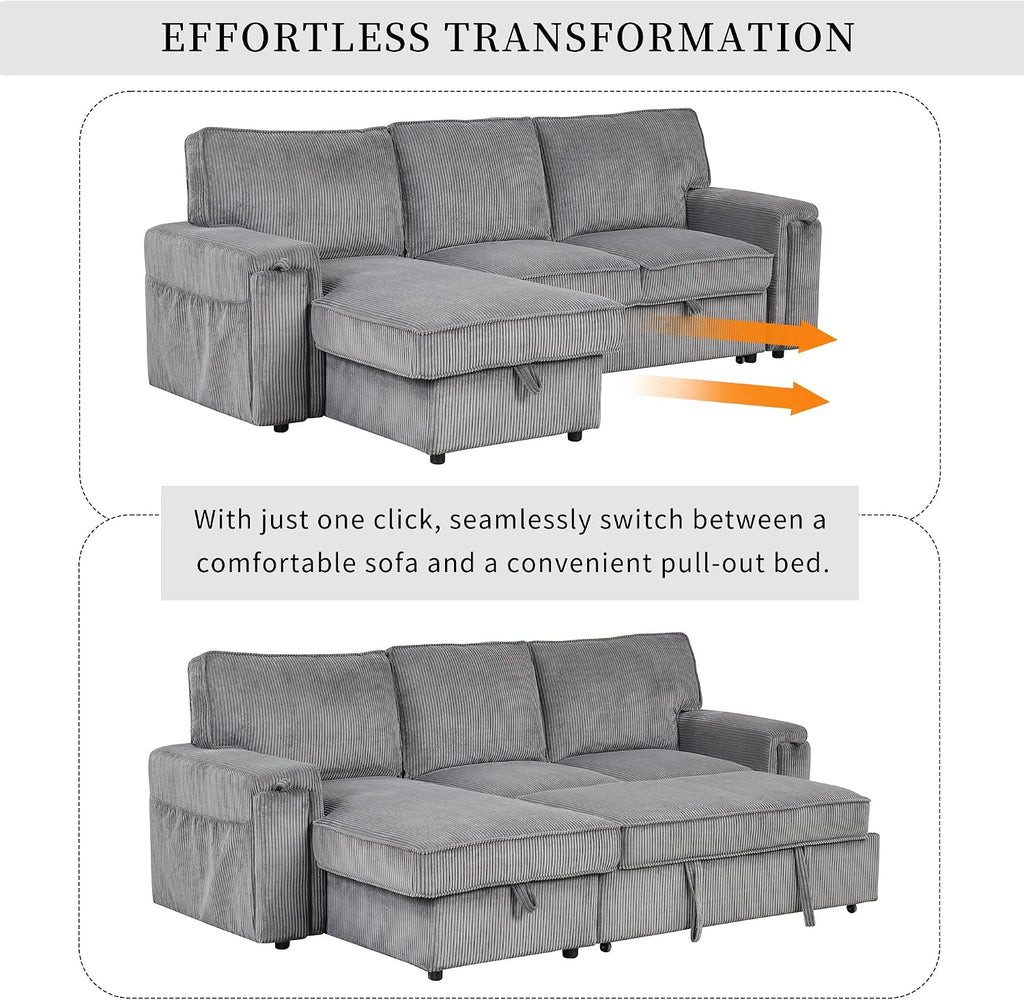 LUMISOL 96' Convertible Sectional Sofa with Pull Out Bed, Corduroy L-Shaped Sofa Bed with Storage Chaise, Sectional Sleeper Sofa with Cup Holders & Pockets for Living Room, Gray