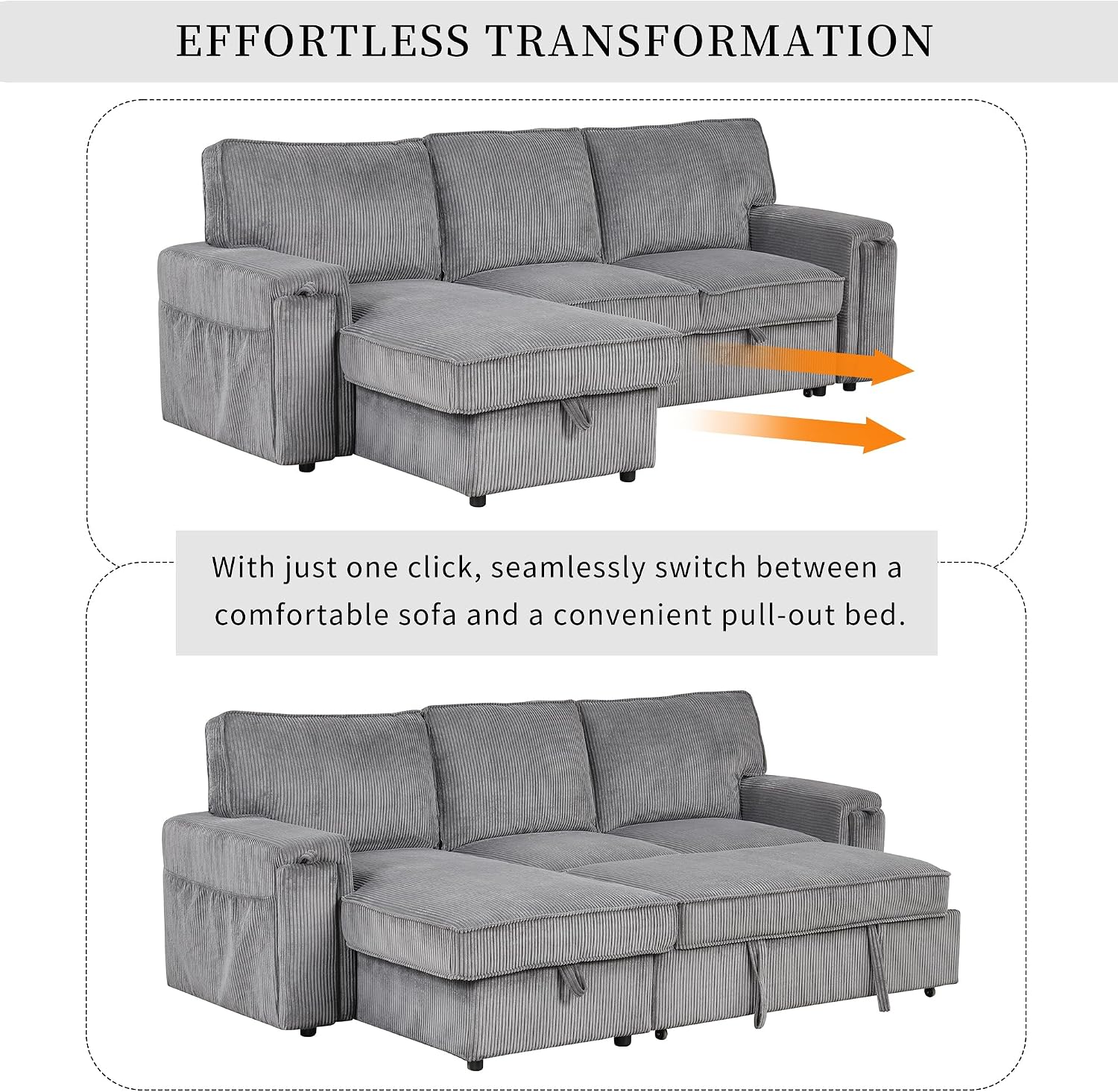 LUMISOL 96' Convertible Sectional Sofa with Pull Out Bed, Corduroy L-Shaped Sofa Bed with Storage Chaise, Sectional Sleeper Sofa with Cup Holders & Pockets for Living Room, Gray