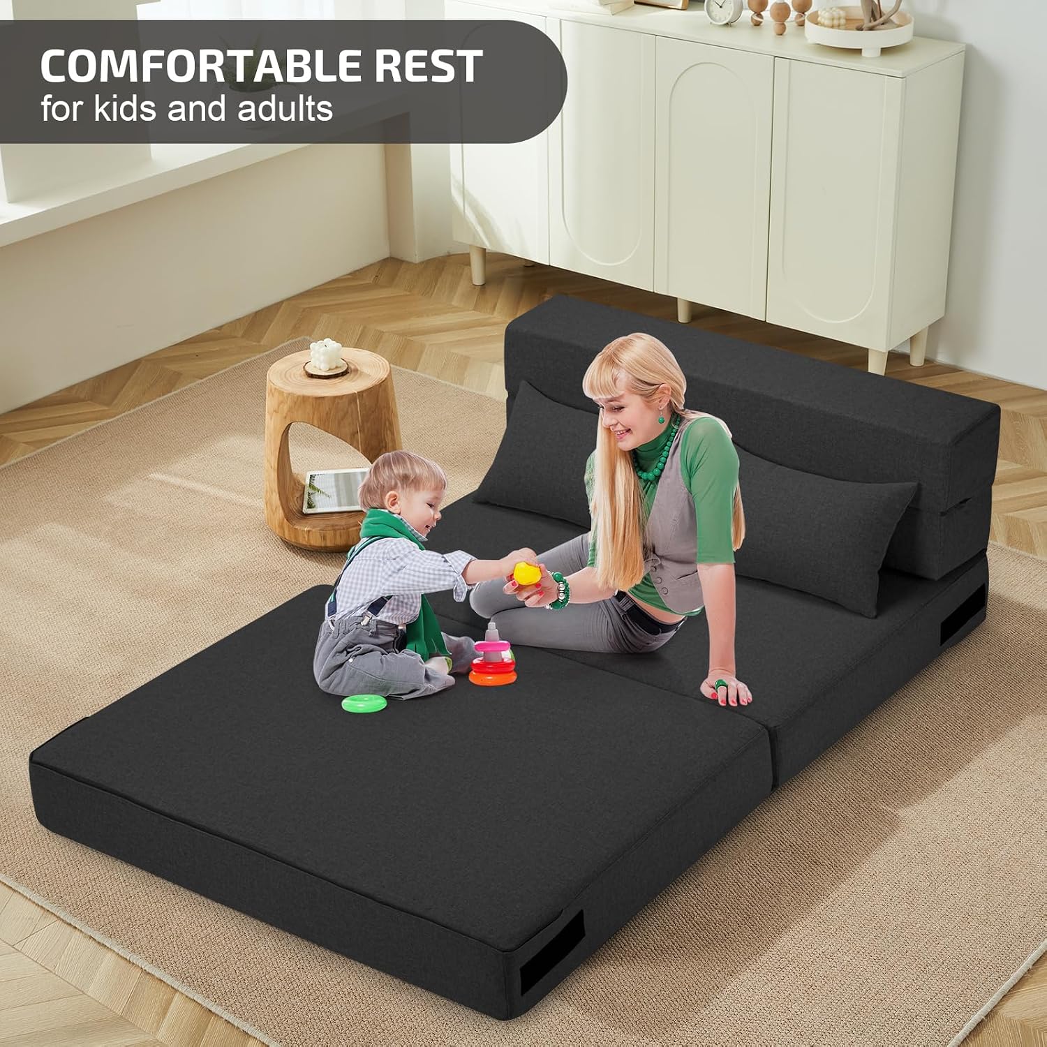 SUYOLS Folding Sofa Bed with Pillows- Convertible Chair Floor Couch & Sleeping Mattress, Foldable Memory Foam Sleeper for Living Room/Dorm/Guest Room/Home Office/Apartment/Loft, Twin, Dark Gray