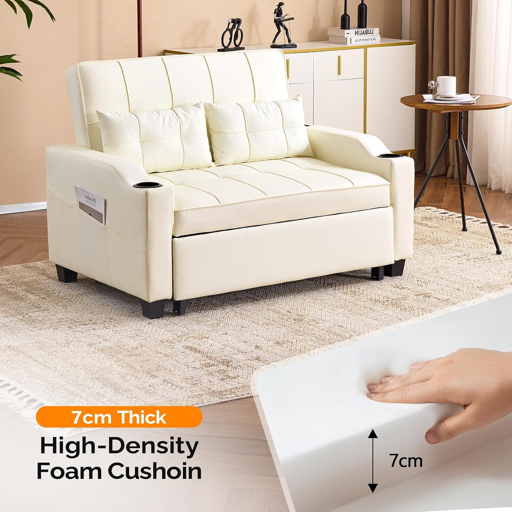 VINGLI Beige Loveseat Sleeper Sofa, Convertible Futon Sofa Bed Pullout Couch Bed with USB Ports, Cup Holders, Armrest for Living Room, Bedroom, Home Office Apartment