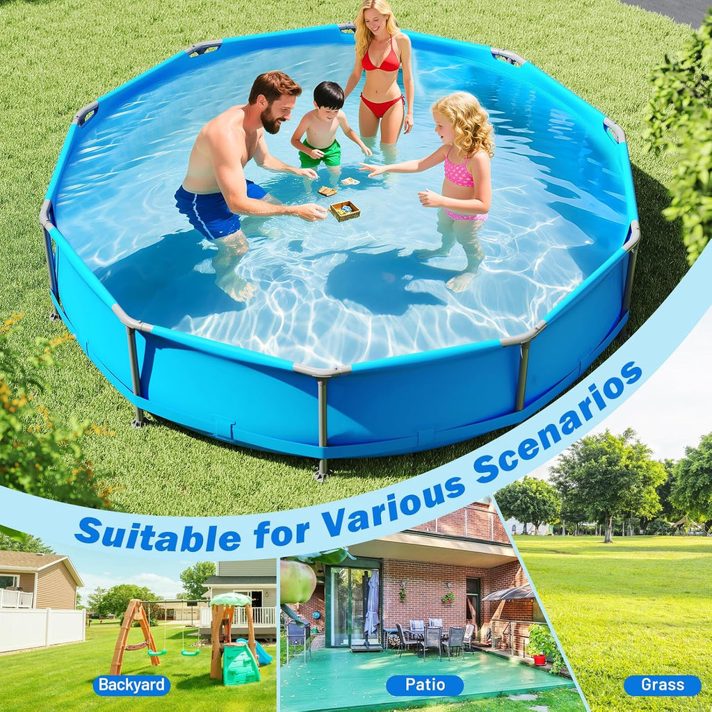 Goplus Above Ground Swimming Pool, 12' x 12' x 30'' Metal Frame Family Pool Set w/PVC Fabric, 3 Stoppers, Drainage Valve Connector, for Outdoor, Backyard, Garden, Patio (12' Round, 1617 Gal, Blue)