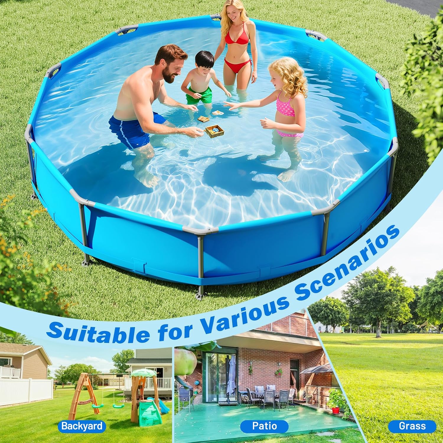 Goplus Above Ground Swimming Pool, 12' x 12' x 30'' Metal Frame Family Pool Set w/PVC Fabric, 3 Stoppers, Drainage Valve Connector, for Outdoor, Backyard, Garden, Patio (12' Round, 1617 Gal, Blue)