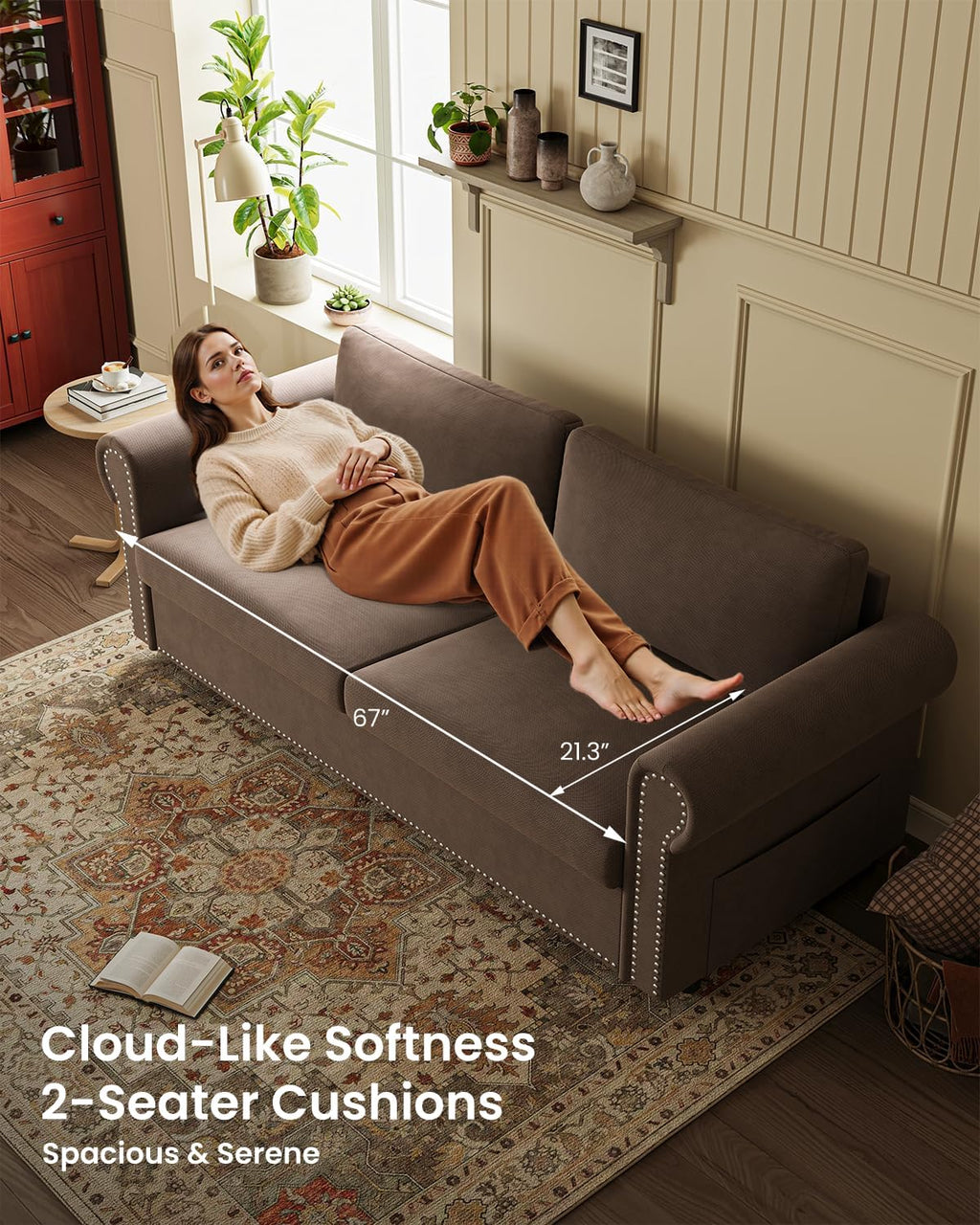 Queen Pull Out Sofa Bed | 83' Large Sleeper Sofa with Queen Size Mattress | 2-in-1 Convertible Loveseat Sofa-Bed with USB Ports Side Pockets Brown