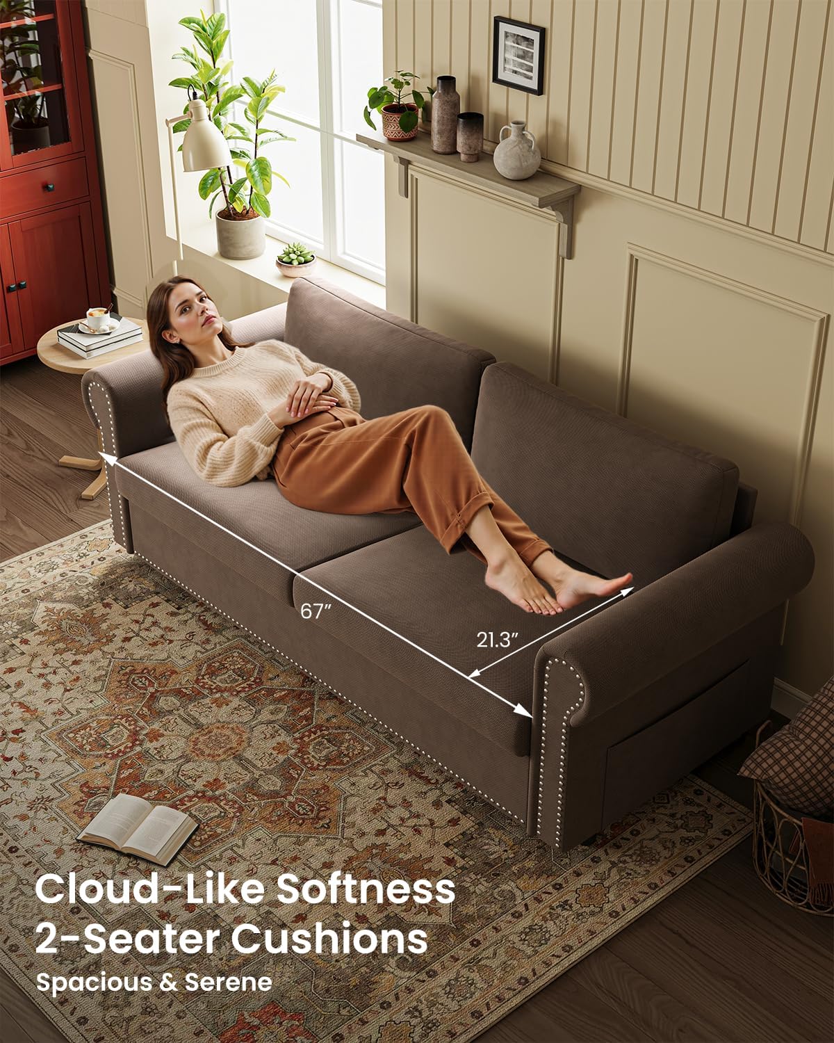 Queen Pull Out Sofa Bed | 83' Large Sleeper Sofa with Queen Size Mattress | 2-in-1 Convertible Loveseat Sofa-Bed with USB Ports Side Pockets Brown