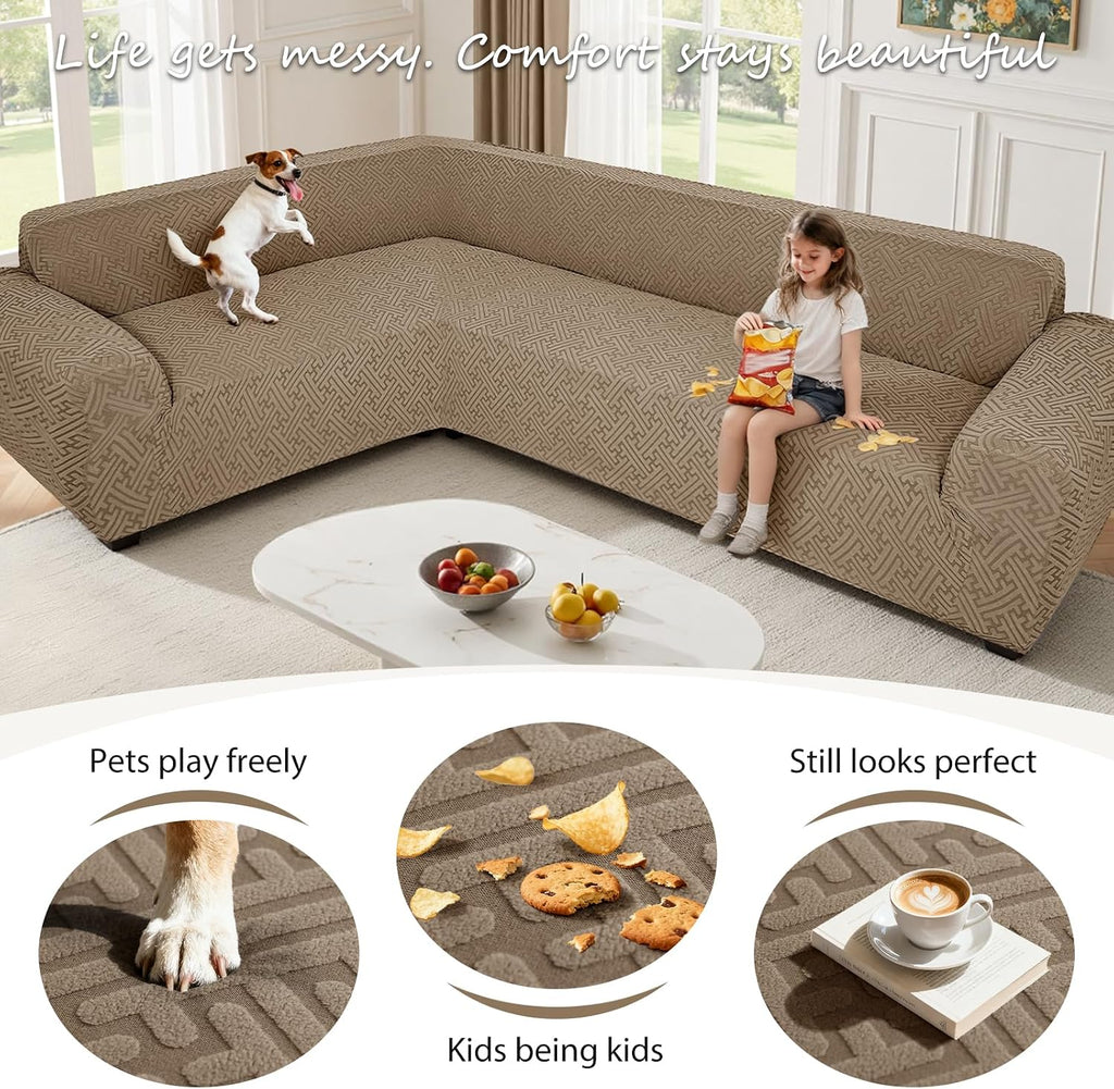 Sectional Couch Covers L Shape Sofa Cover 1-Piece Stretch Corner Couch Covers Non Slip Washable Sofa Slipcovers Soft Fleece Furniture Protector for Dogs Pet (Medium, Khaki)