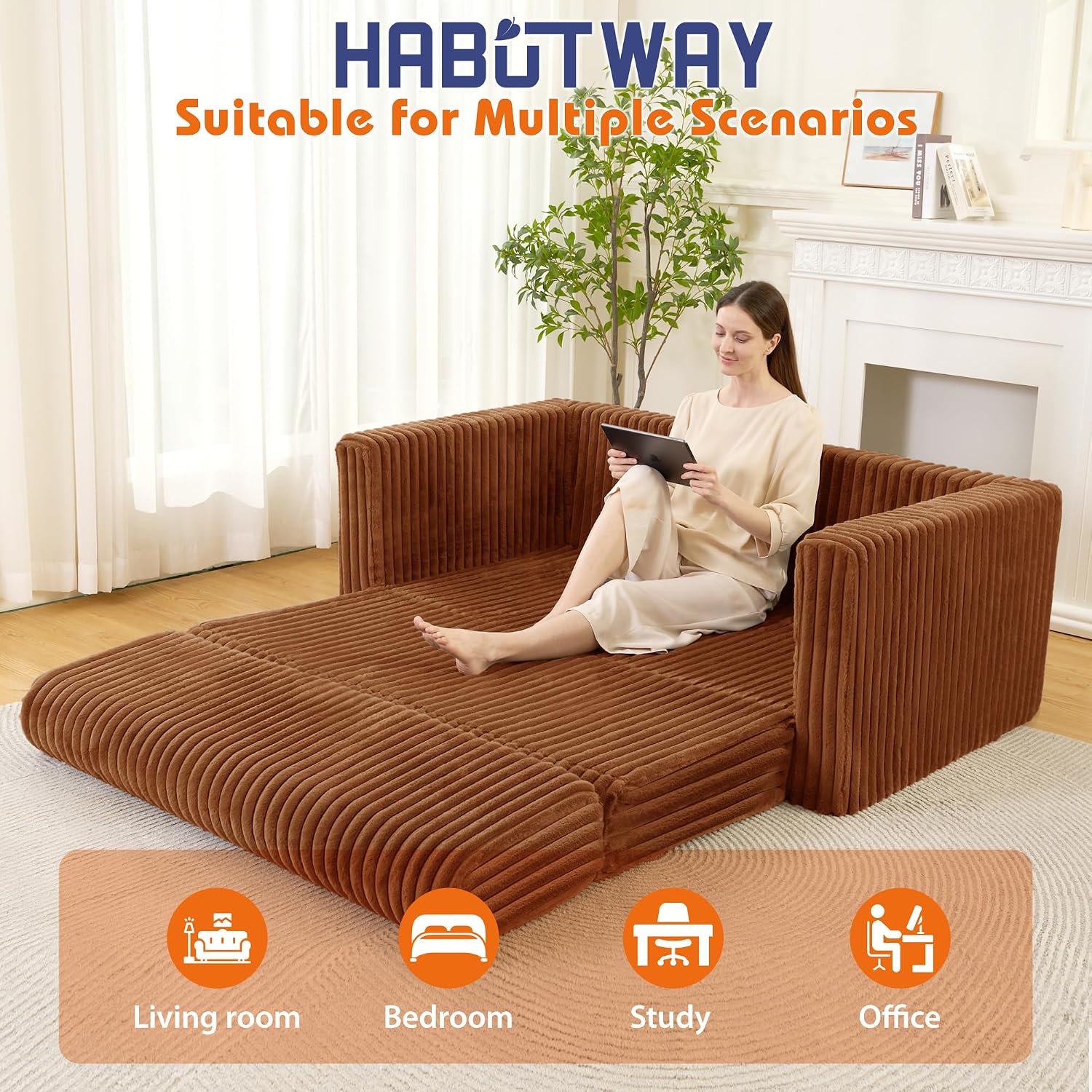 HABUTWAY Folding Sofa Bed, 2 in 1 Convertible Sleeper Chair with Armrest, Portable Fold Out Chair Bed, Comfy Floor Couch, Multi-Functional Lazy Sofa for Living Room Bedroom Dorm Home Office, Caramel