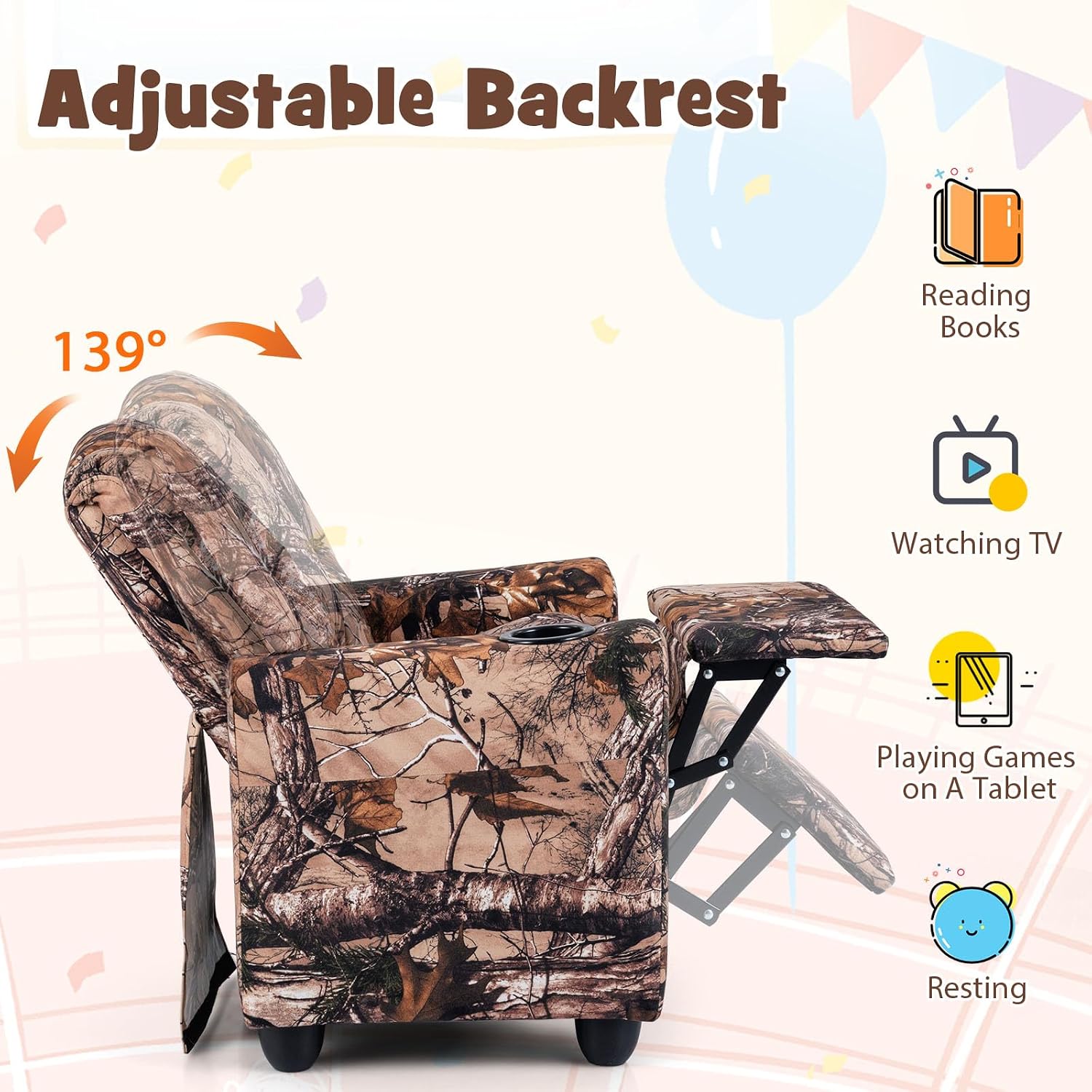 GLACER Kids Recliner with Cup Holder, Velvet Toddler Lounge Chair w/Adjustable Backrest & Footrest, Spring-Loaded Seat Cushion, Push Back Toddler Sofa for Boys & Girls Ages 3+ Years Old (Camouflage)